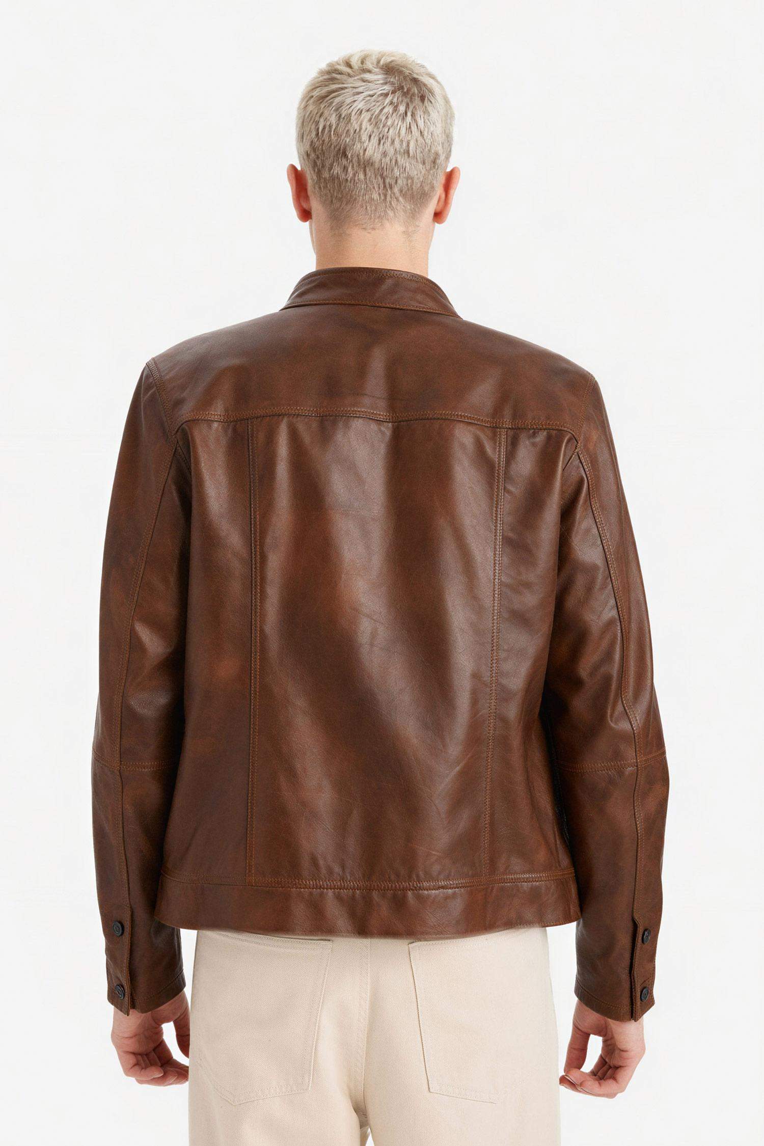 %100 Deri Premium Slim Fit Dar Kesim Dik Yaka Astarlı Fermuarlı Mont