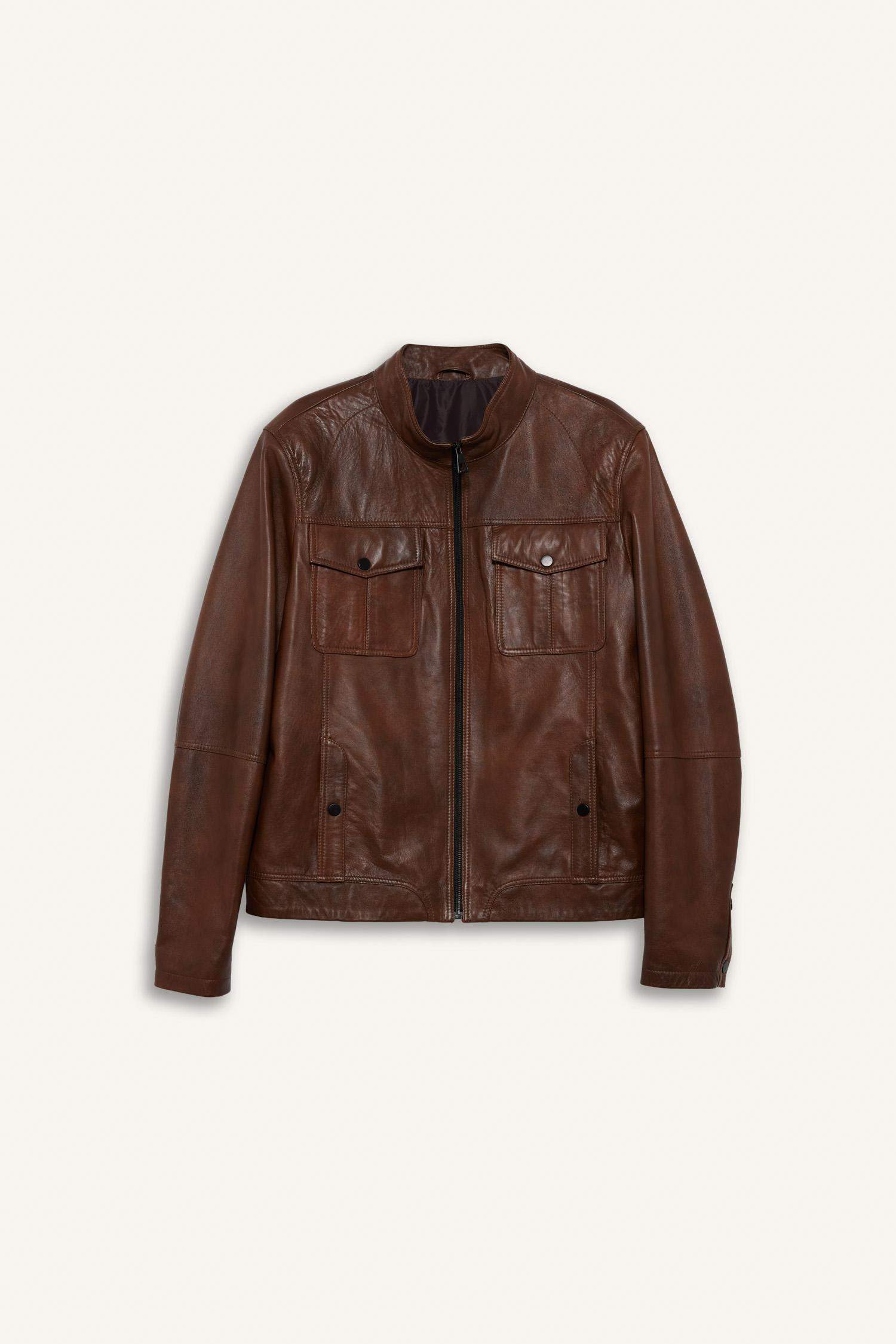 %100 Deri Premium Slim Fit Dar Kesim Dik Yaka Astarlı Fermuarlı Mont