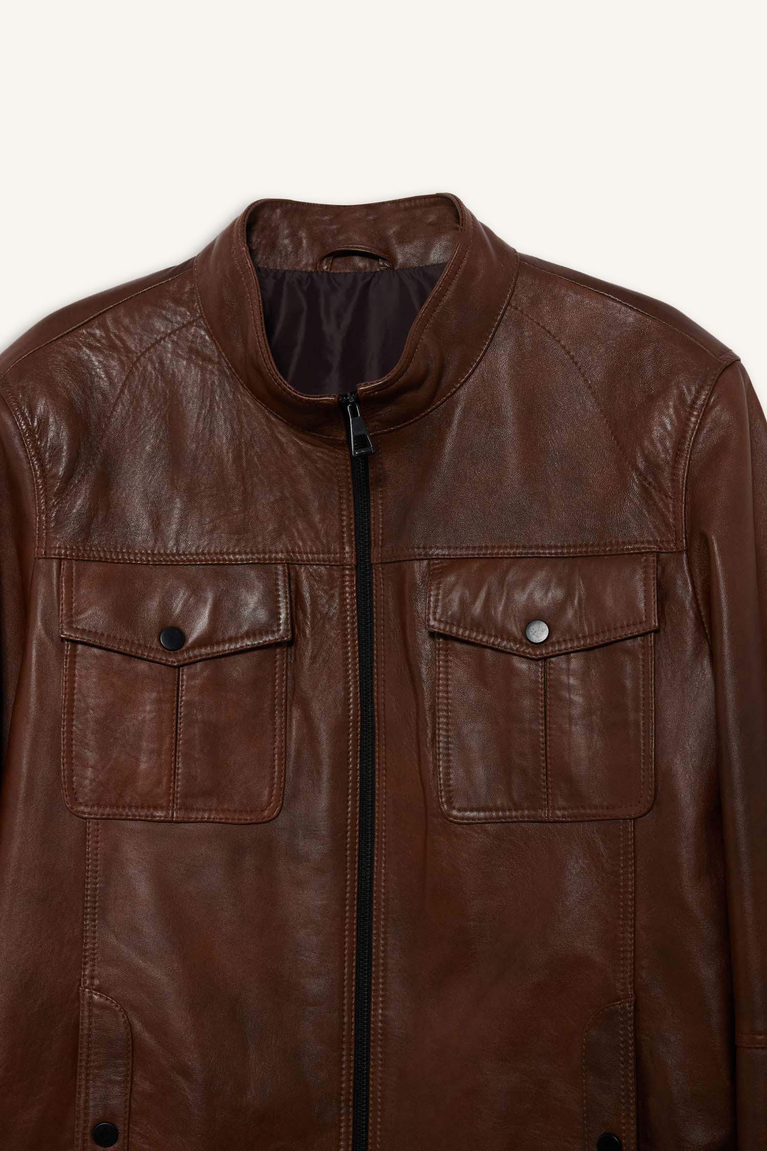 %100 Deri Premium Slim Fit Dar Kesim Dik Yaka Astarlı Fermuarlı Mont