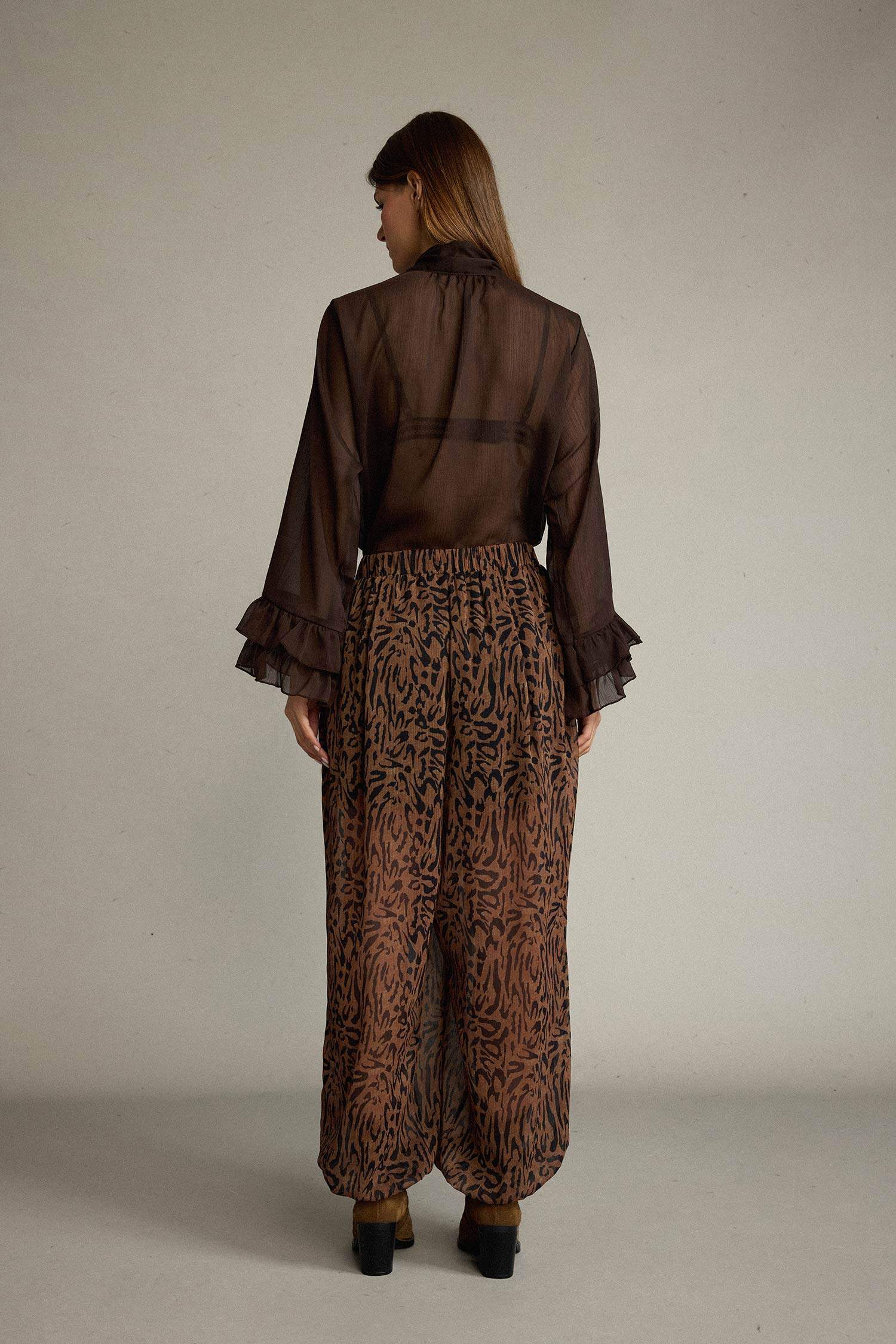 Relax Fit Normal Bel Leopar Desenli Şifon Pantolon