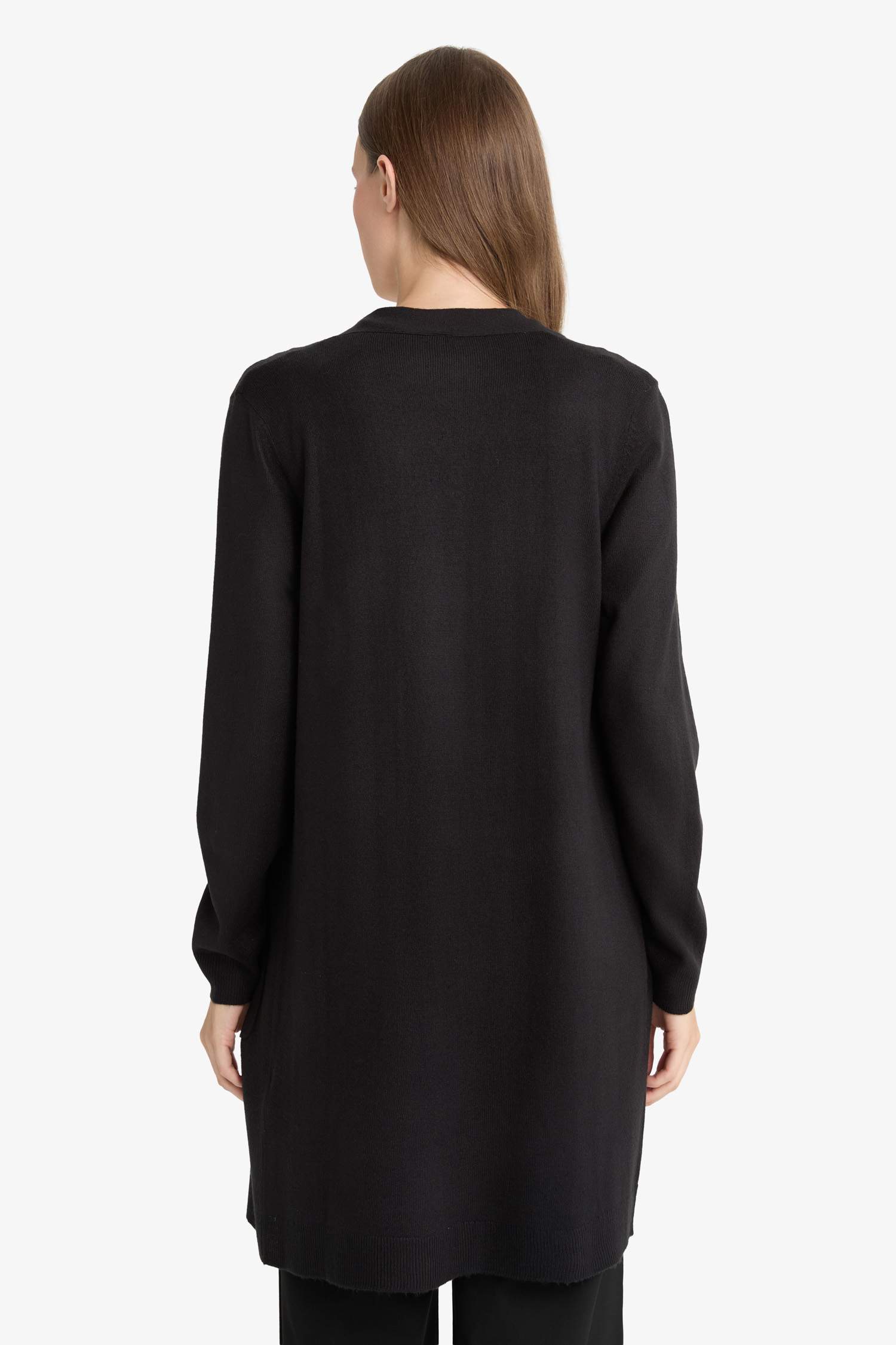 Regular Fit V Yaka Basic Düz Cepli Uzun Siyah Triko Hırka