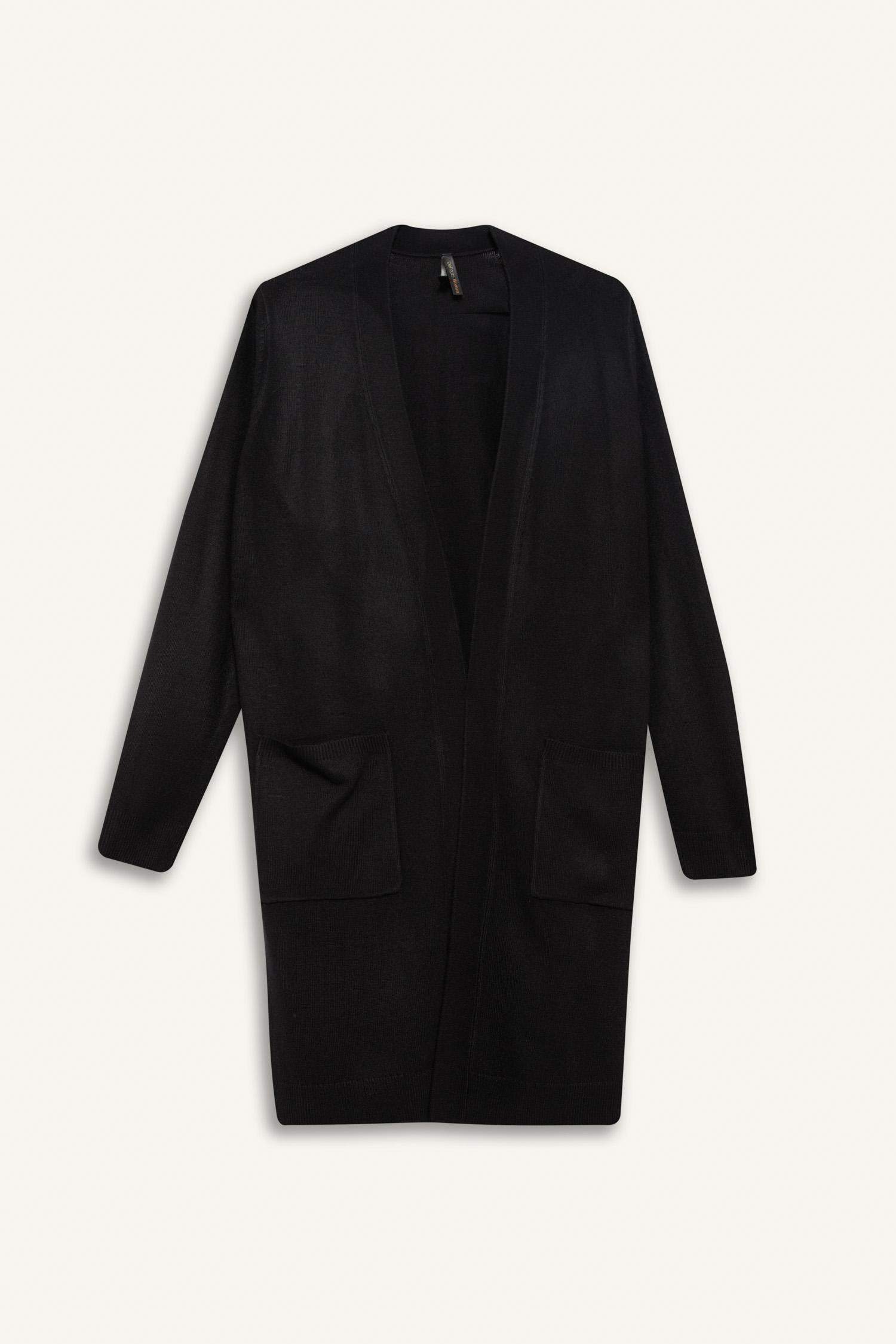 Regular Fit V Yaka Basic Düz Cepli Uzun Siyah Triko Hırka