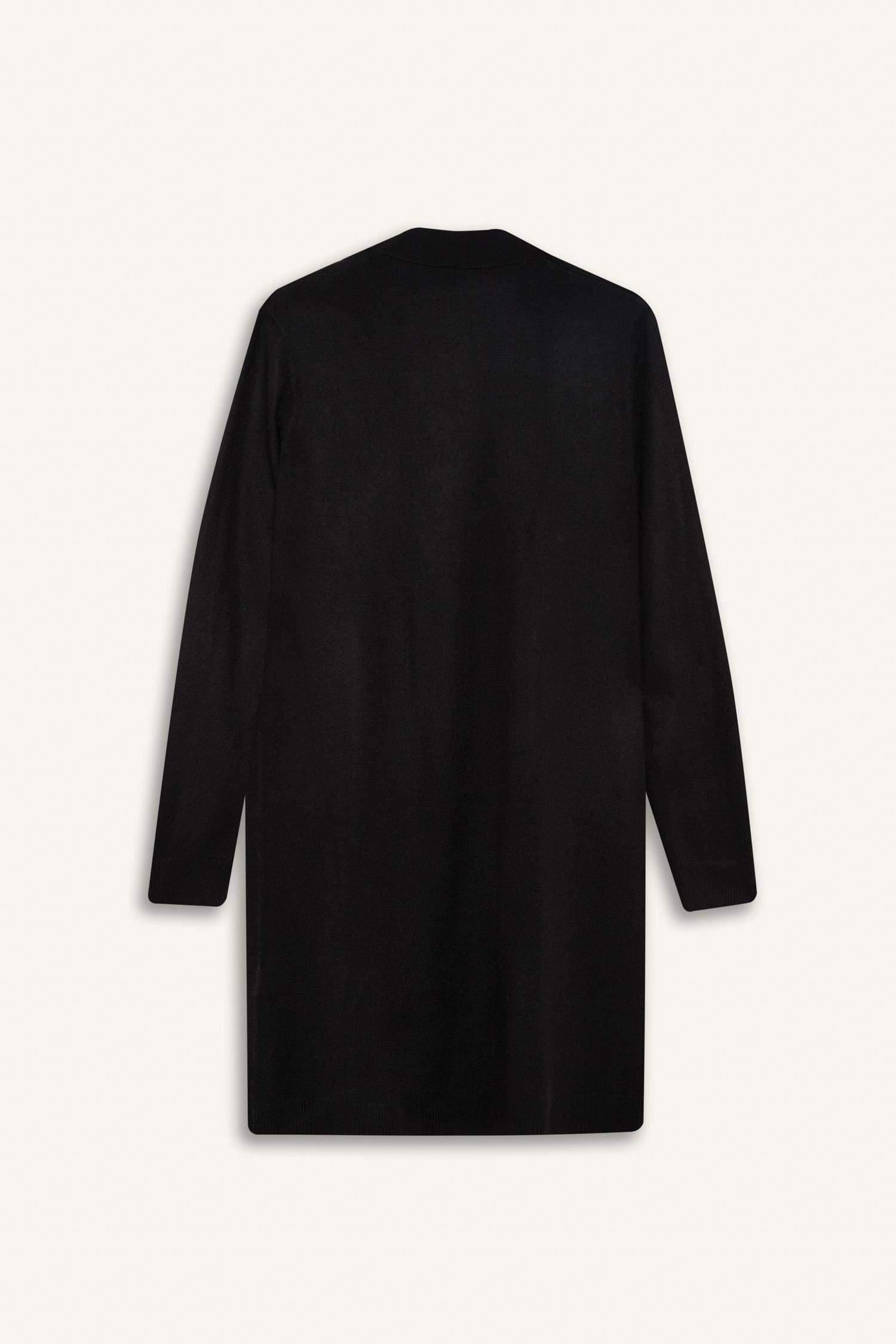 Regular Fit V Yaka Basic Düz Cepli Uzun Siyah Triko Hırka