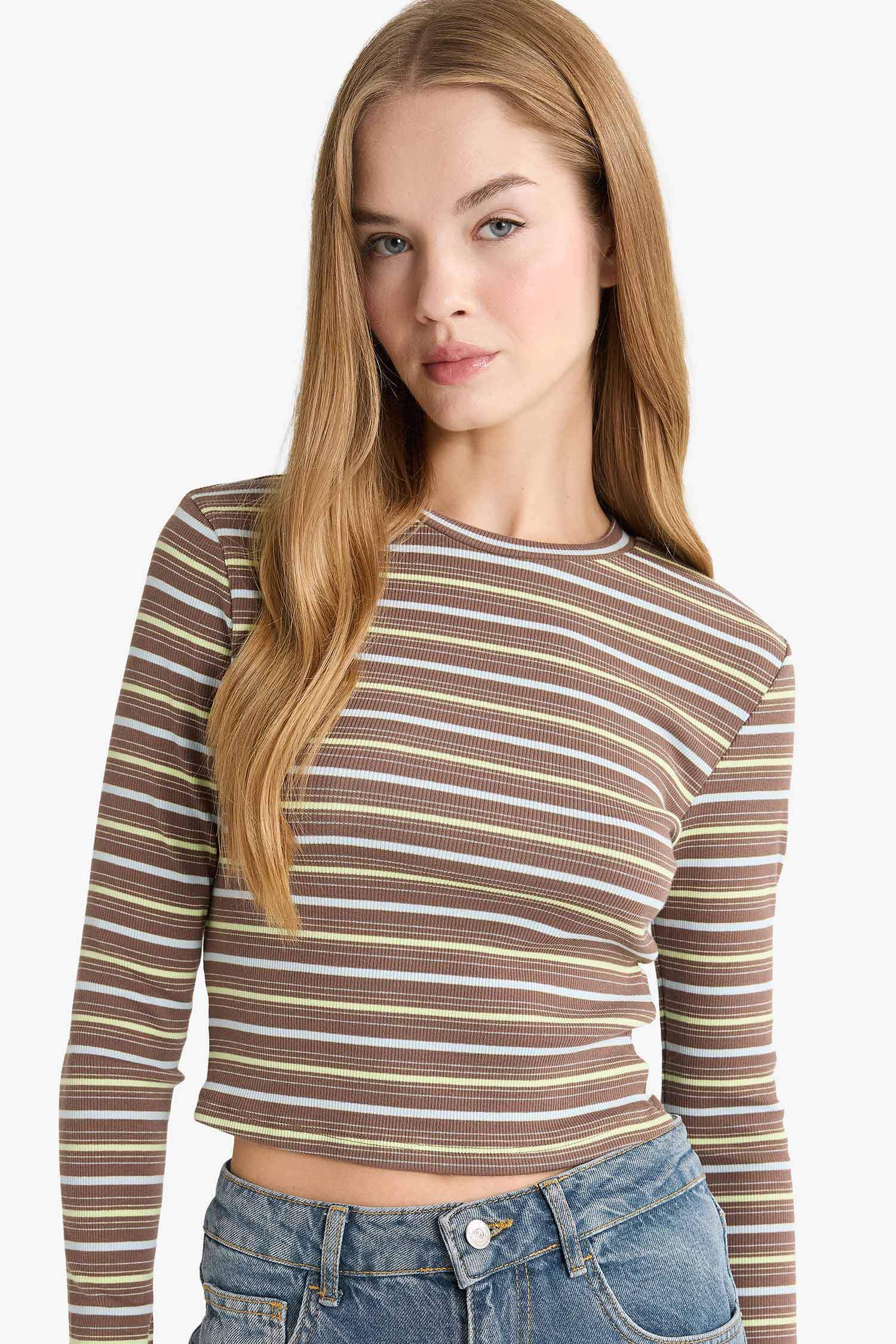 Fitted Bisiklet Yaka Çizgili Ribana Uzun Kollu Tişört