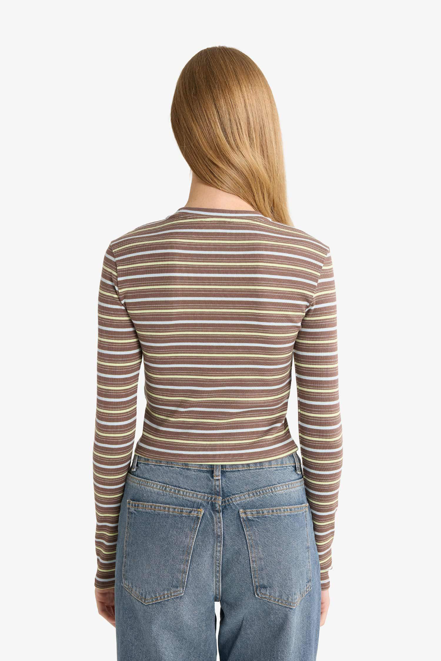Fitted Bisiklet Yaka Çizgili Ribana Uzun Kollu Tişört