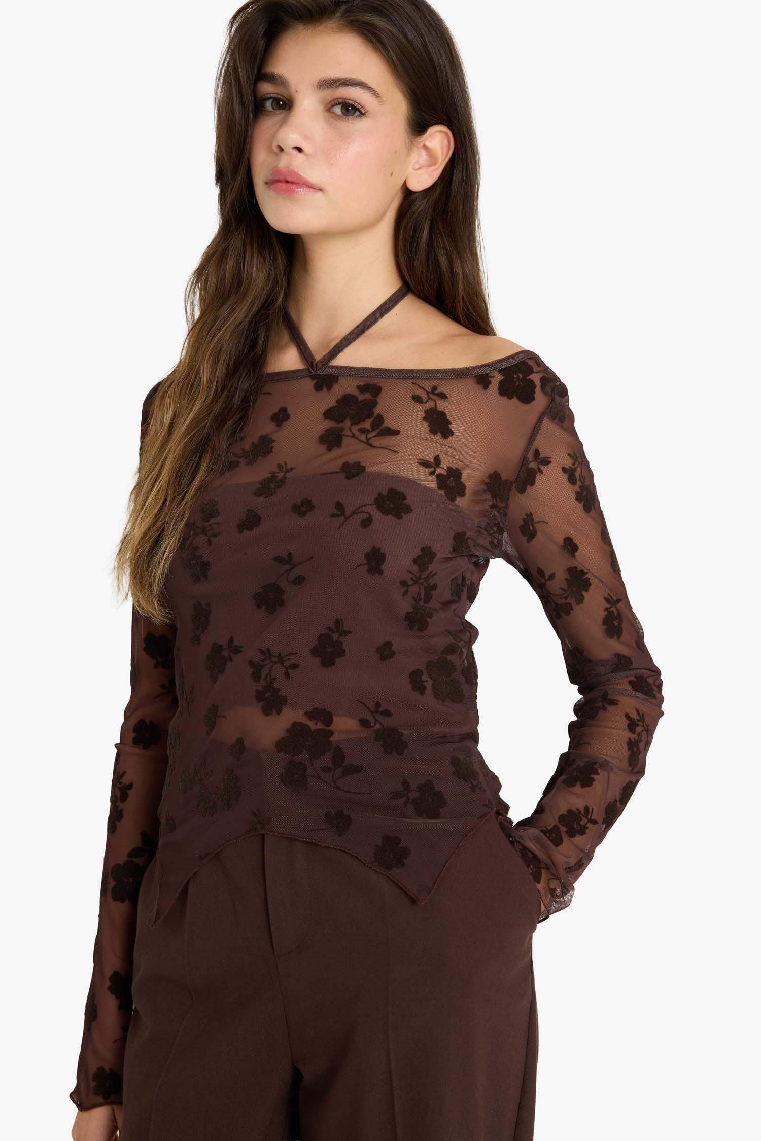 Fitted Bisiklet Yaka Desenli Tül Uzun Kollu Bluz