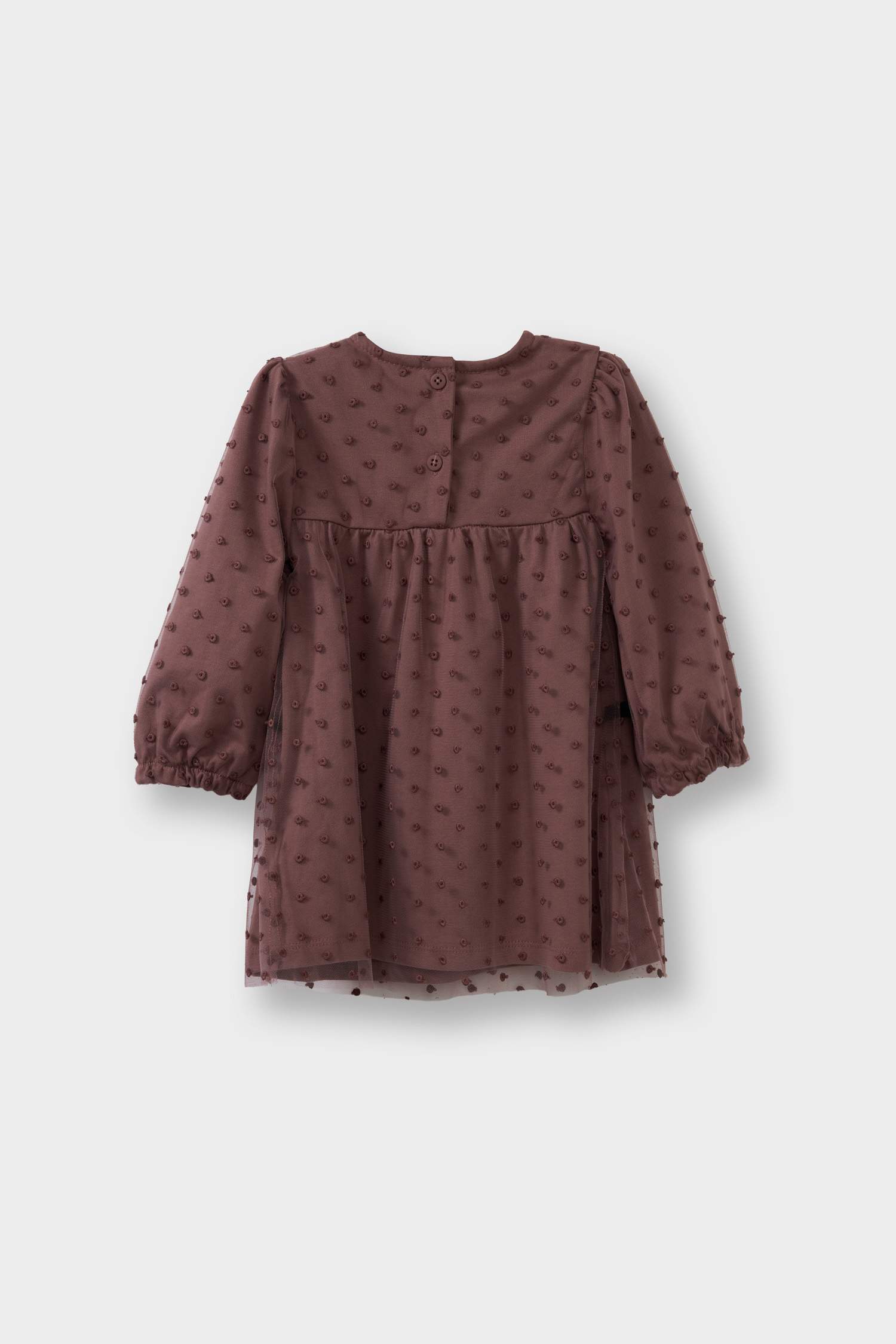 Kız Bebek Puantiyeli Fiyonk Detaylı Uzun Kollu Tül Elbise