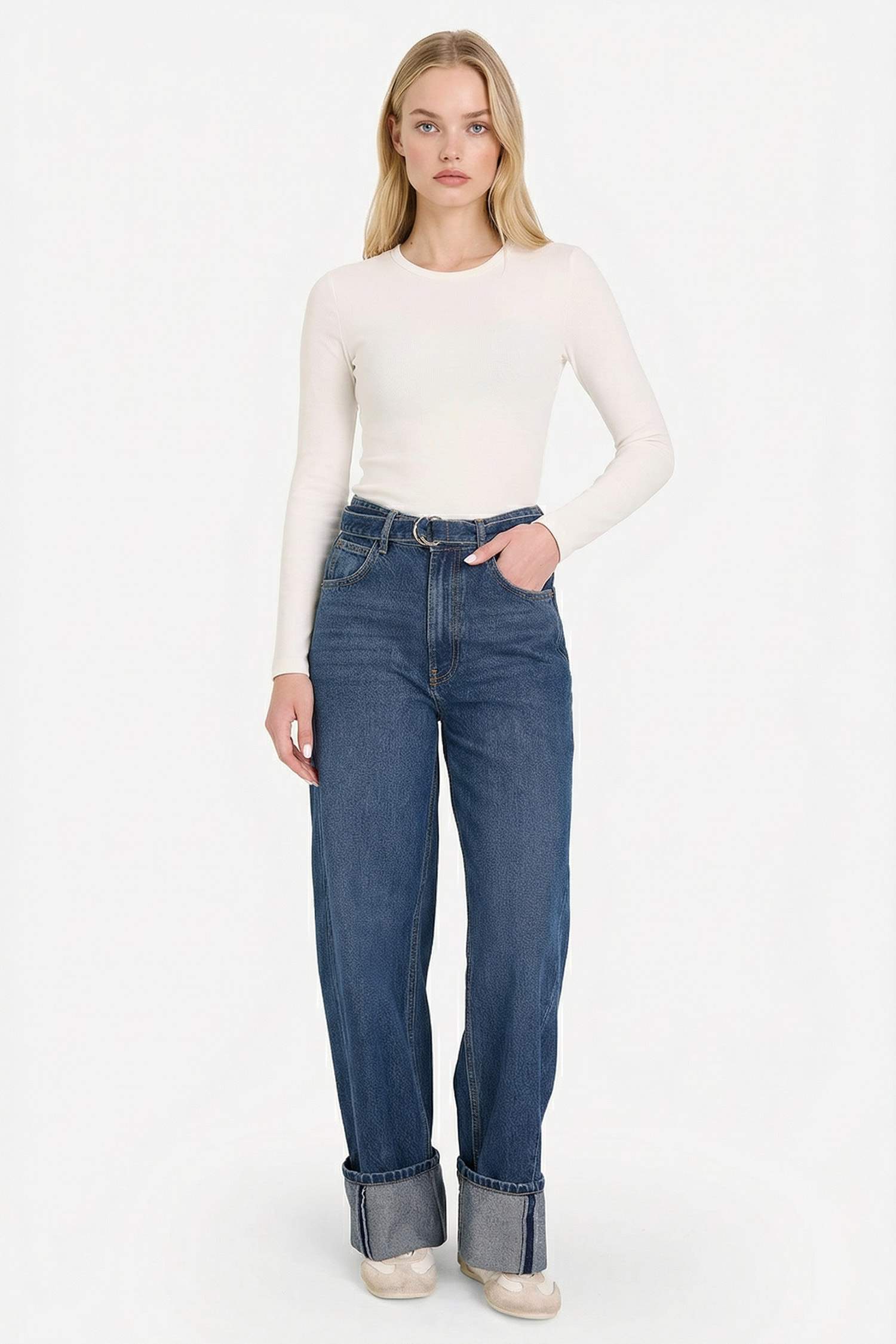 Wide Leg Folded Leg Denim Trousers