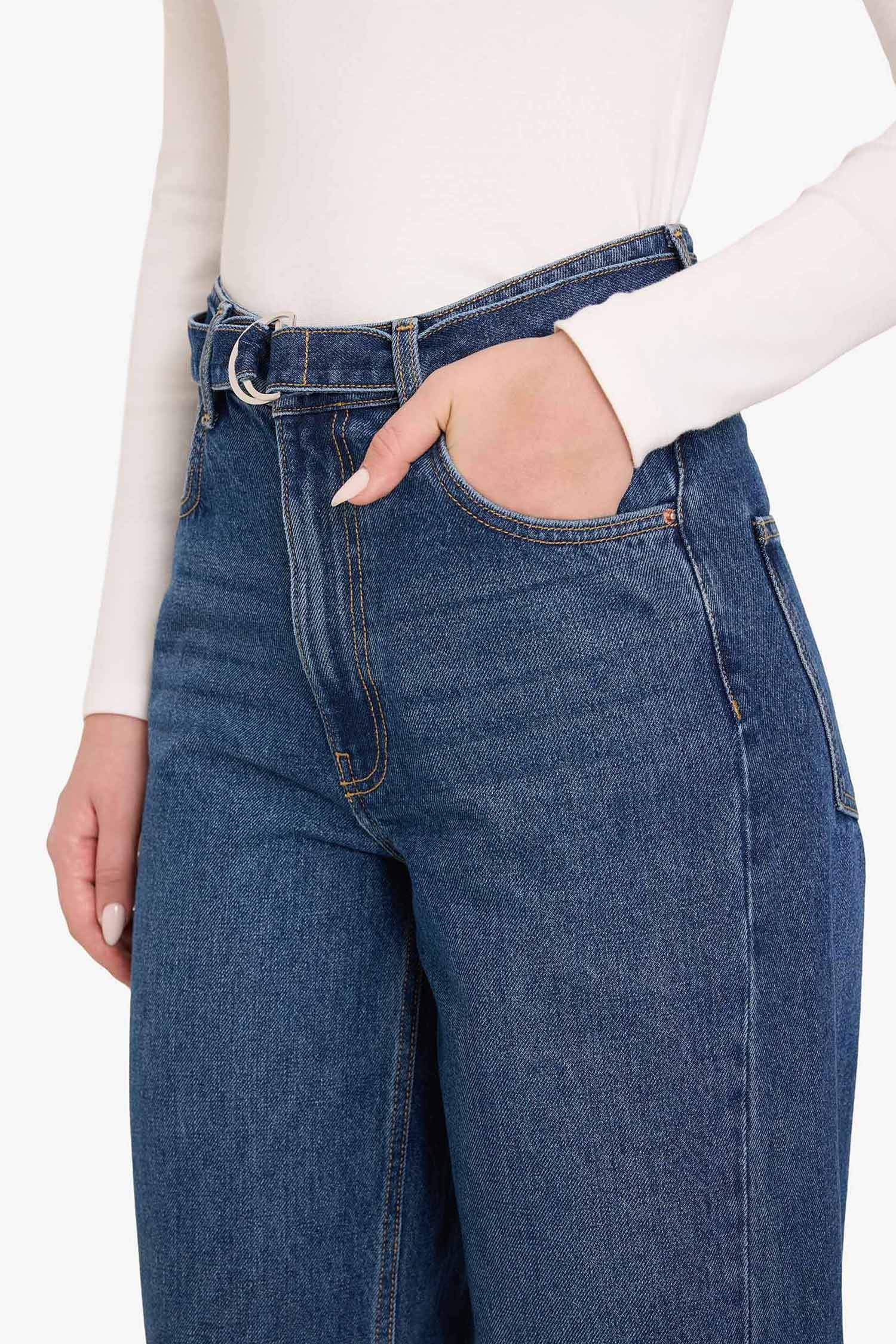 Wide Leg Folded Leg Denim Trousers