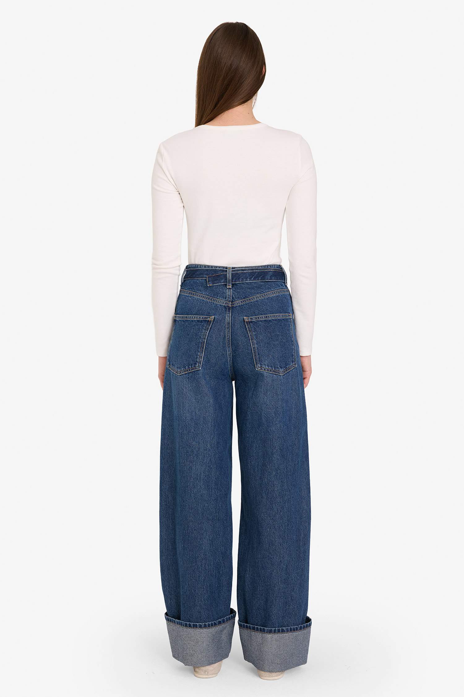 Wide Leg Folded Leg Denim Trousers