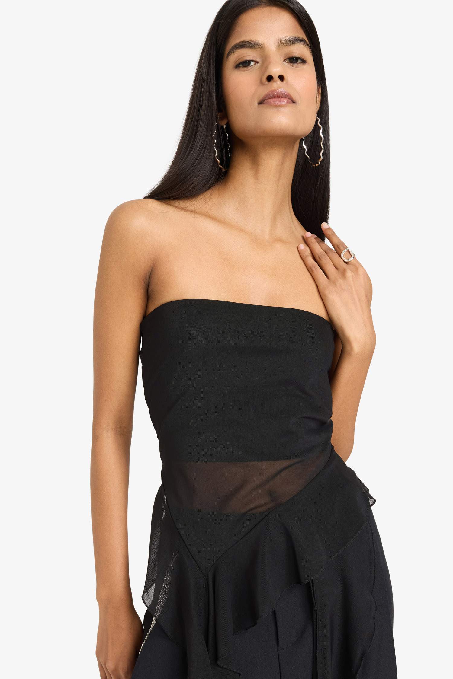 Straplez Fırfırlı Tül Bluz