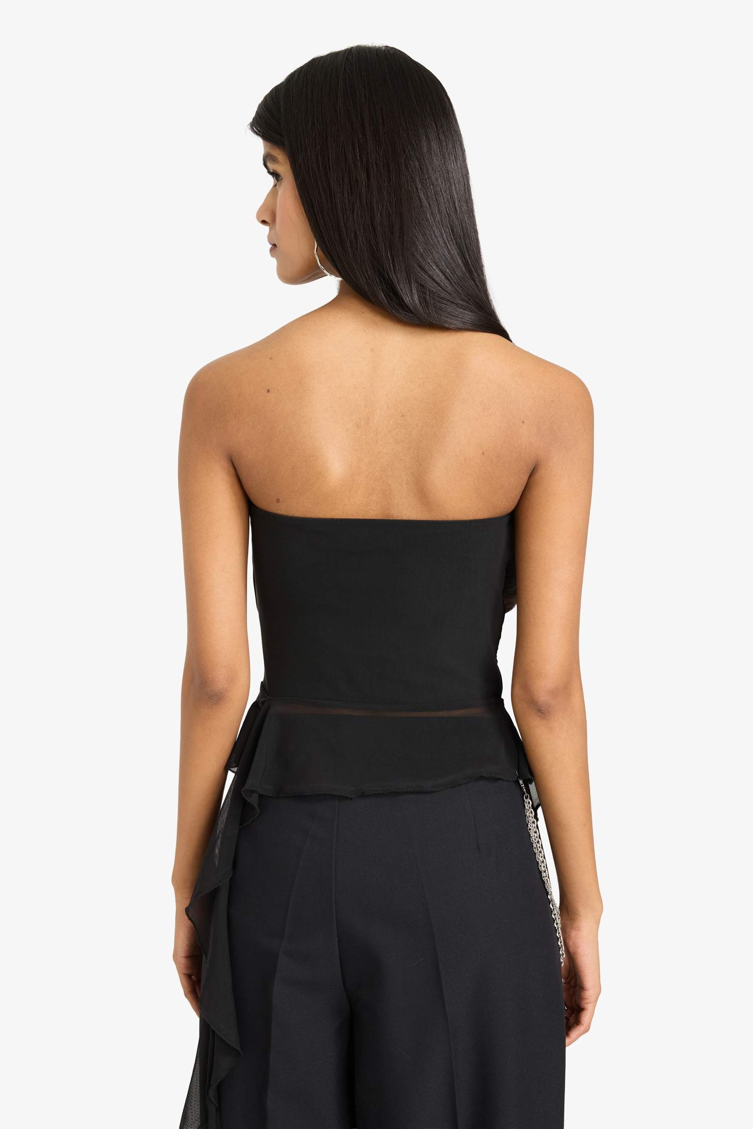 Straplez Fırfırlı Tül Bluz