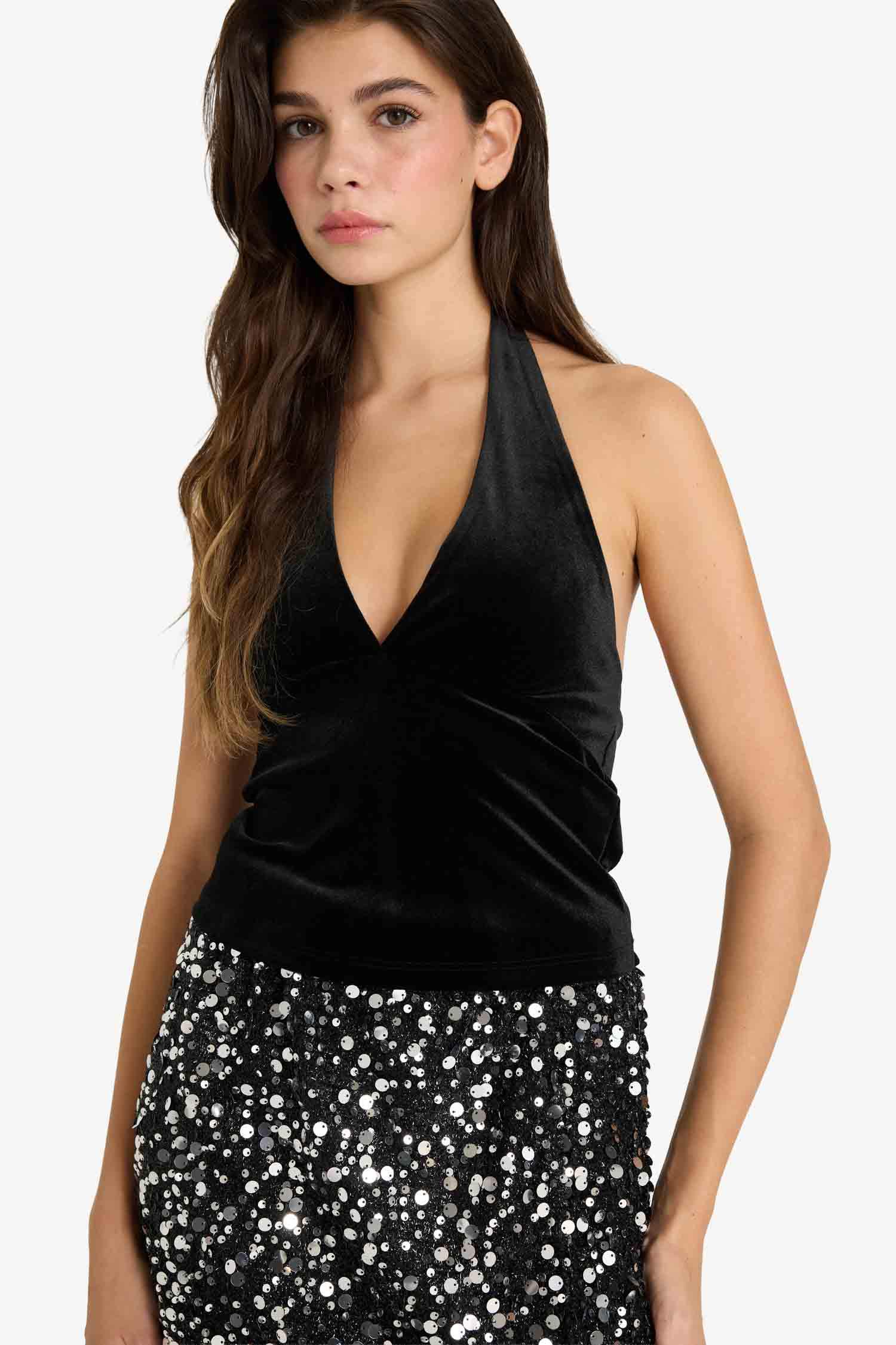 Fitted Halter Yaka Kadife Bluz