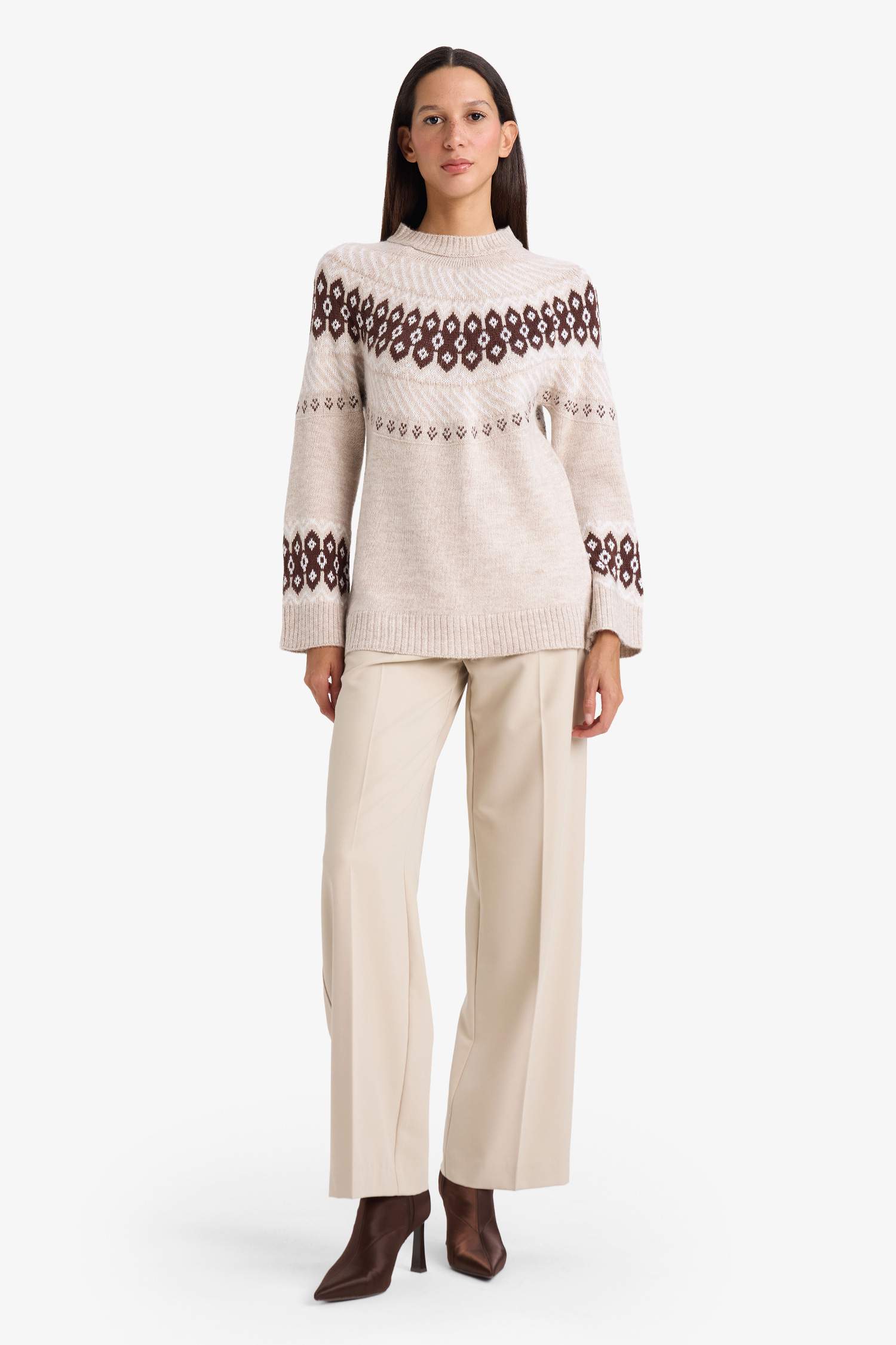 Regular Fit Bisiklet Yaka Desenli Triko Kazak Tunik