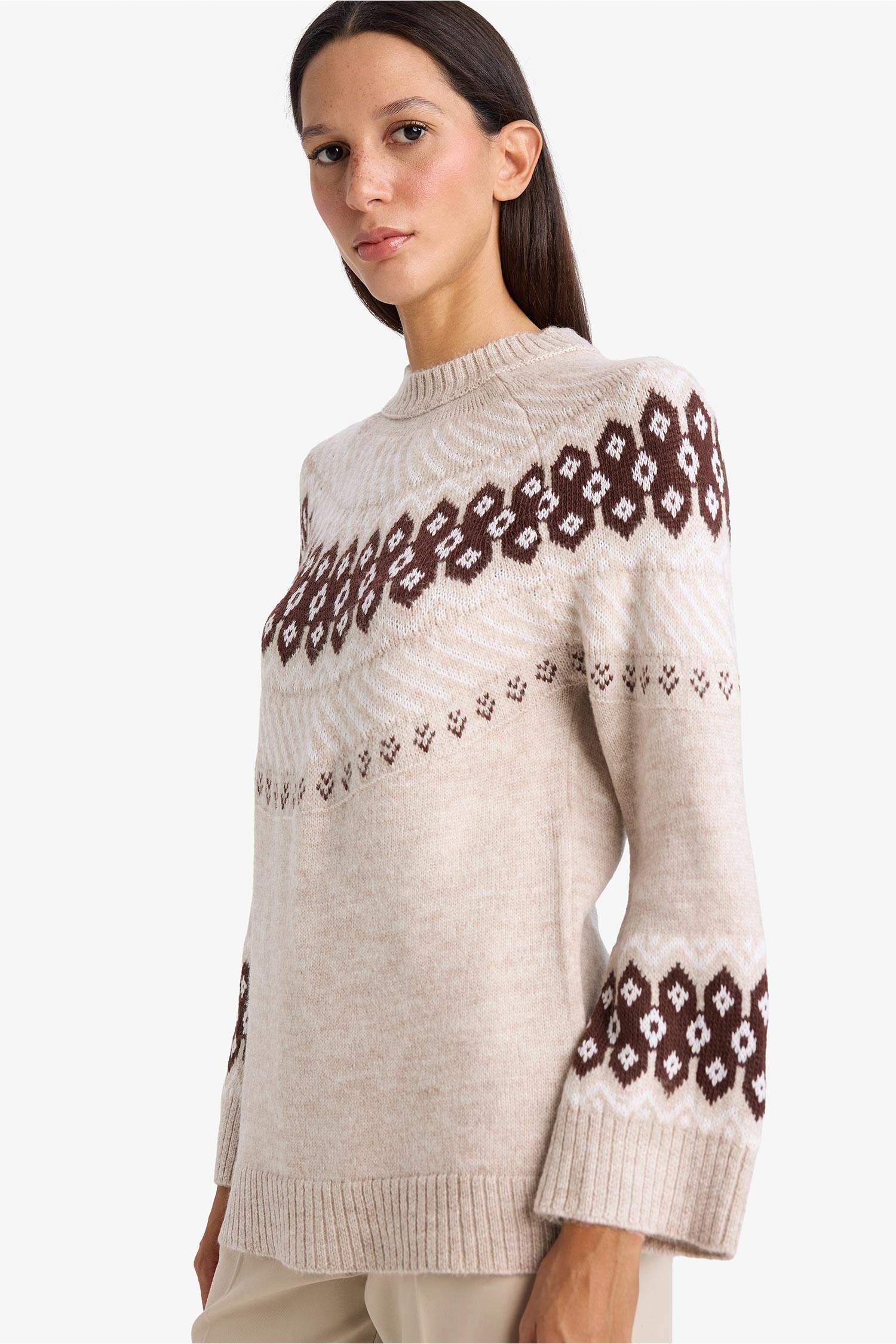 Regular Fit Bisiklet Yaka Desenli Triko Kazak Tunik