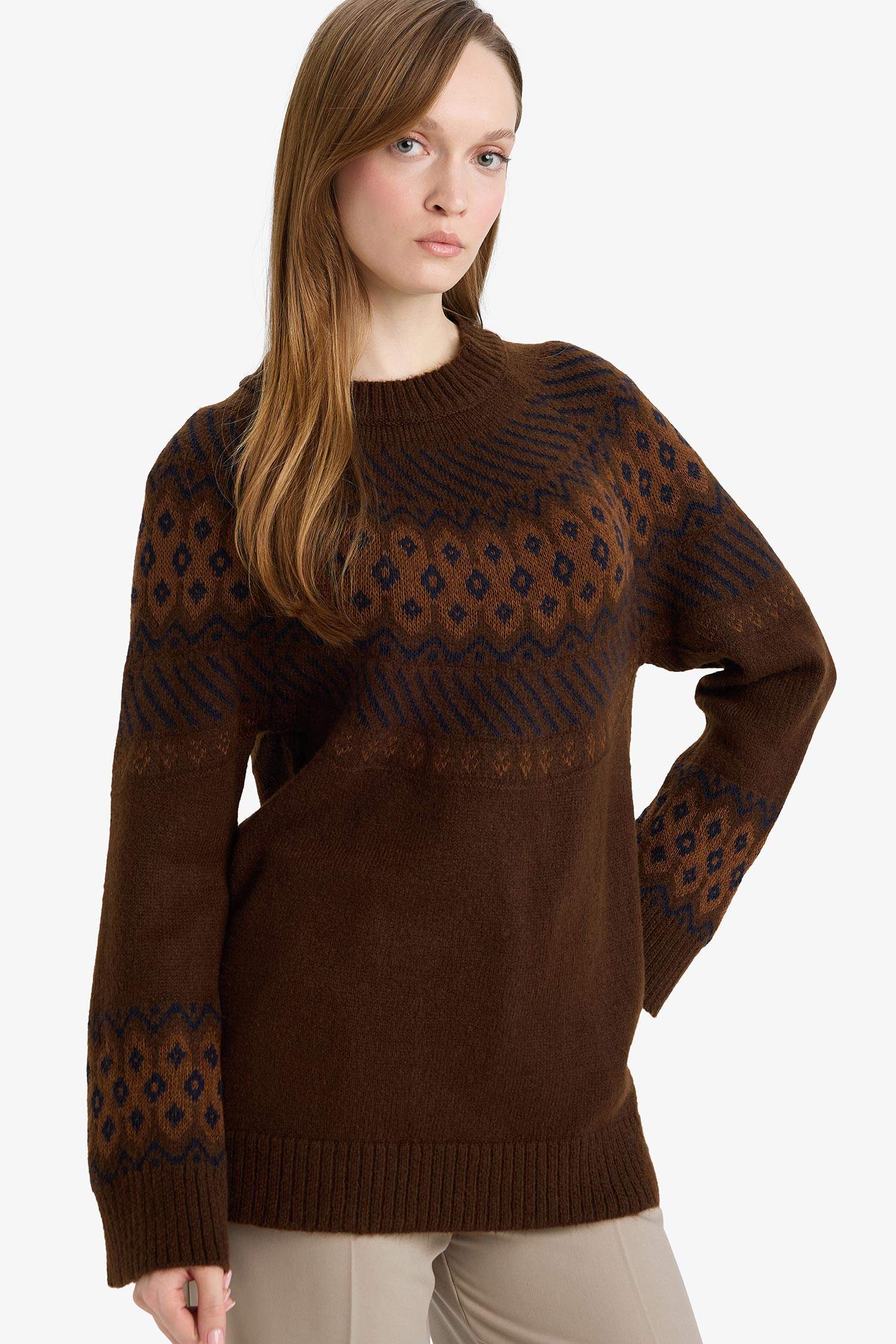 Regular Fit Bisiklet Yaka Desenli Triko Kazak Tunik