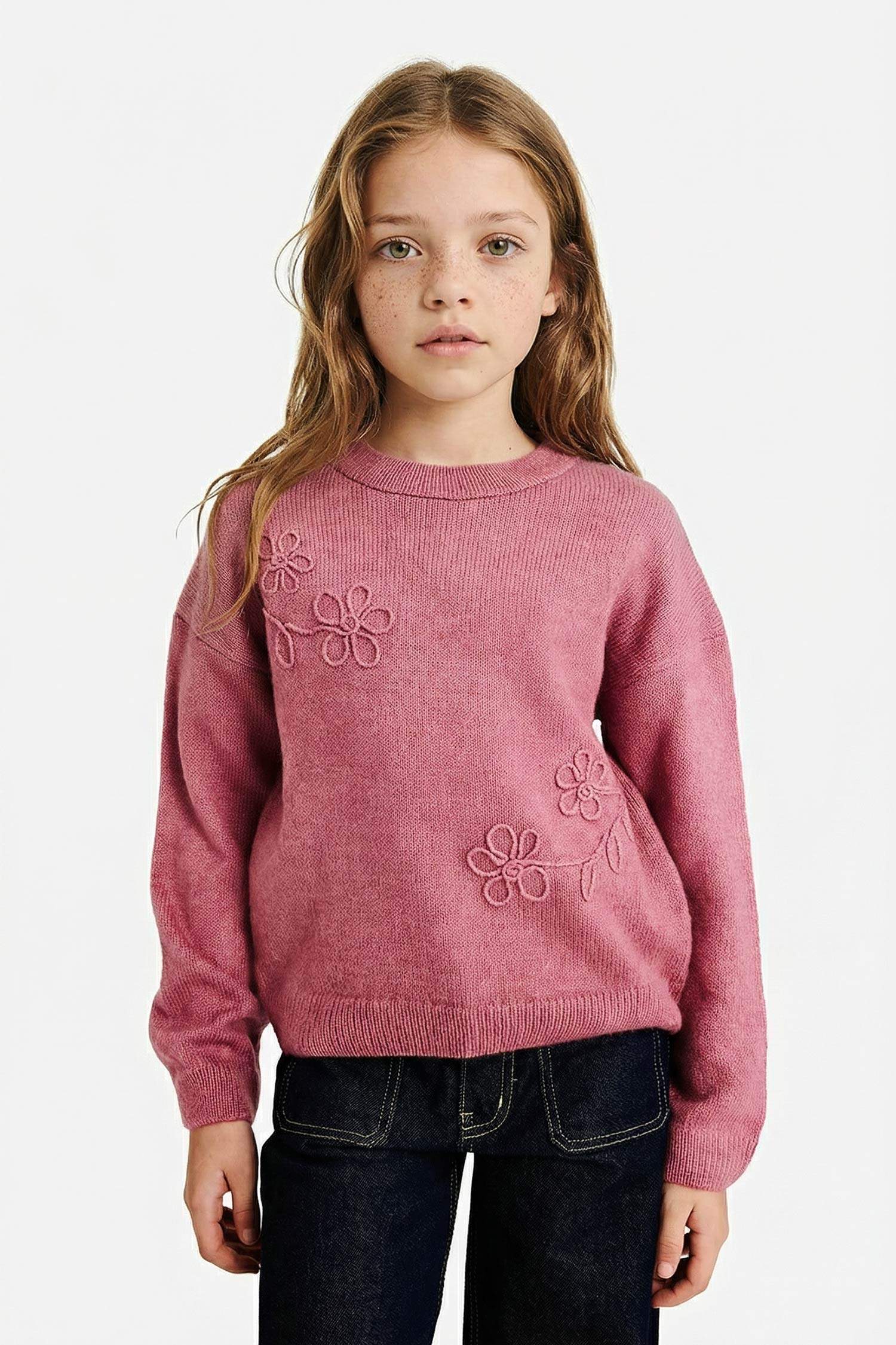 Bisiklet Yaka Nakışlı Triko Kazak Kız Çocuk