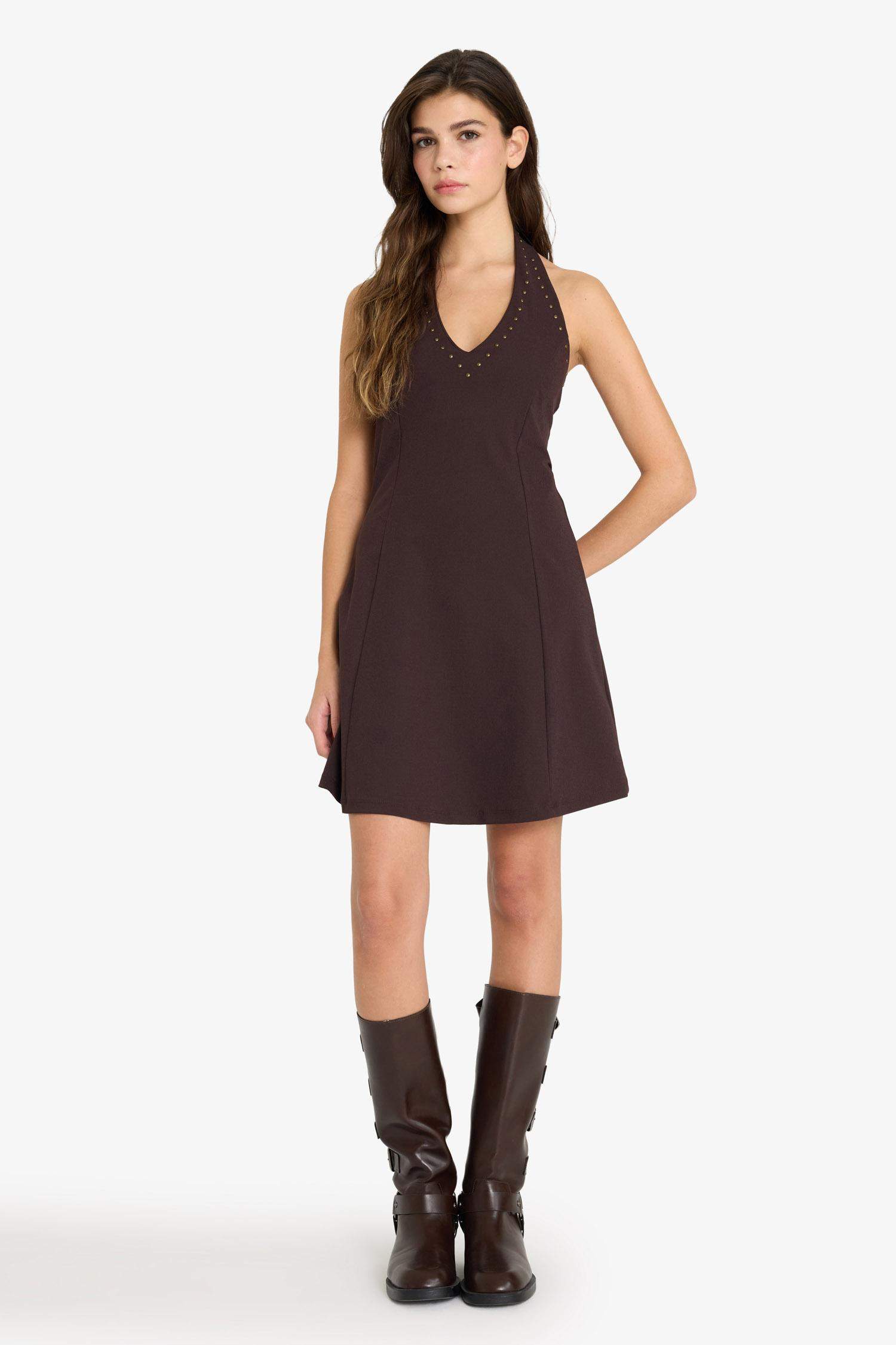 Halter Yaka Bürümcük Mini Elbise