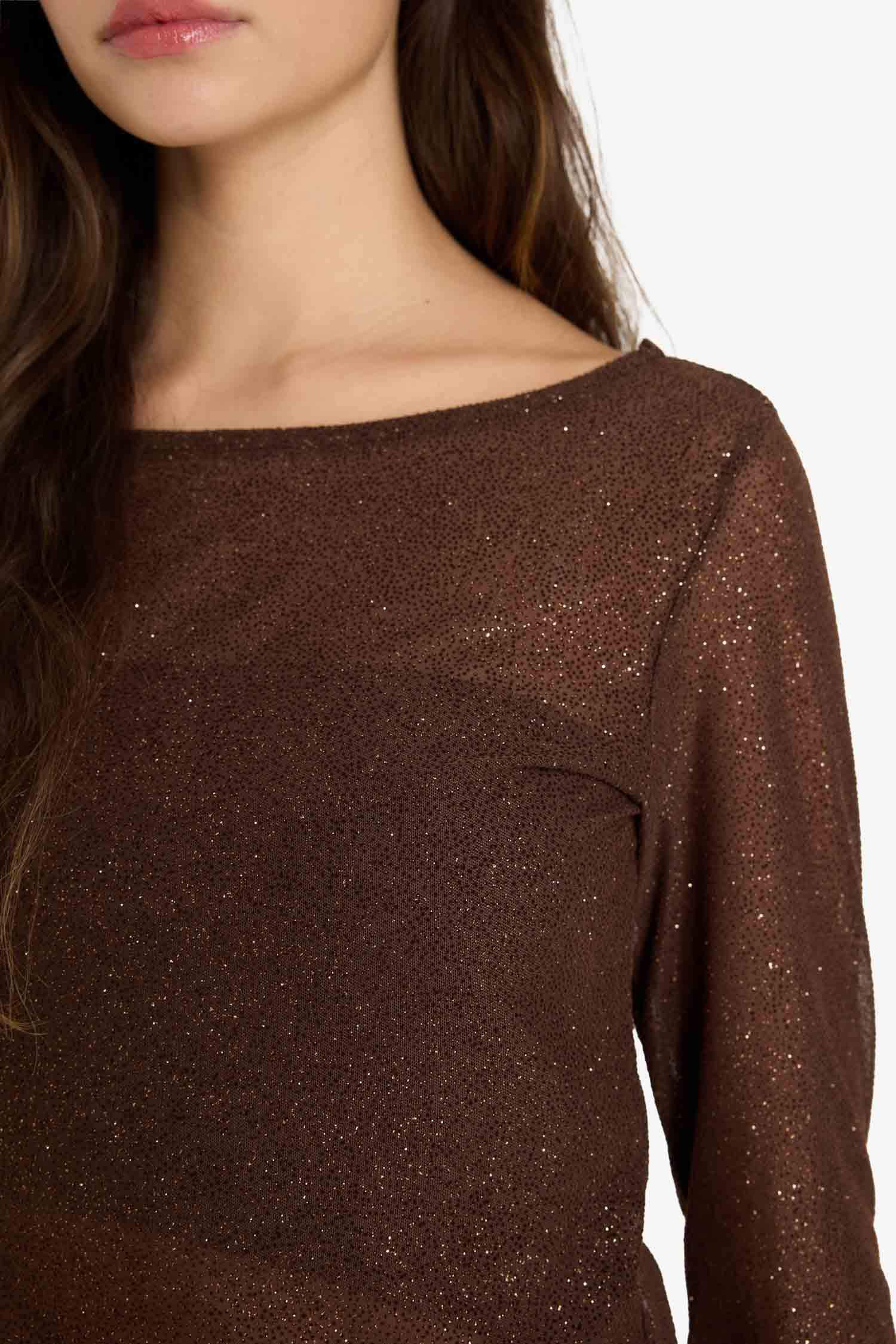 Fitted Kayık Yaka Simli Kumaş Uzun Kollu Bluz