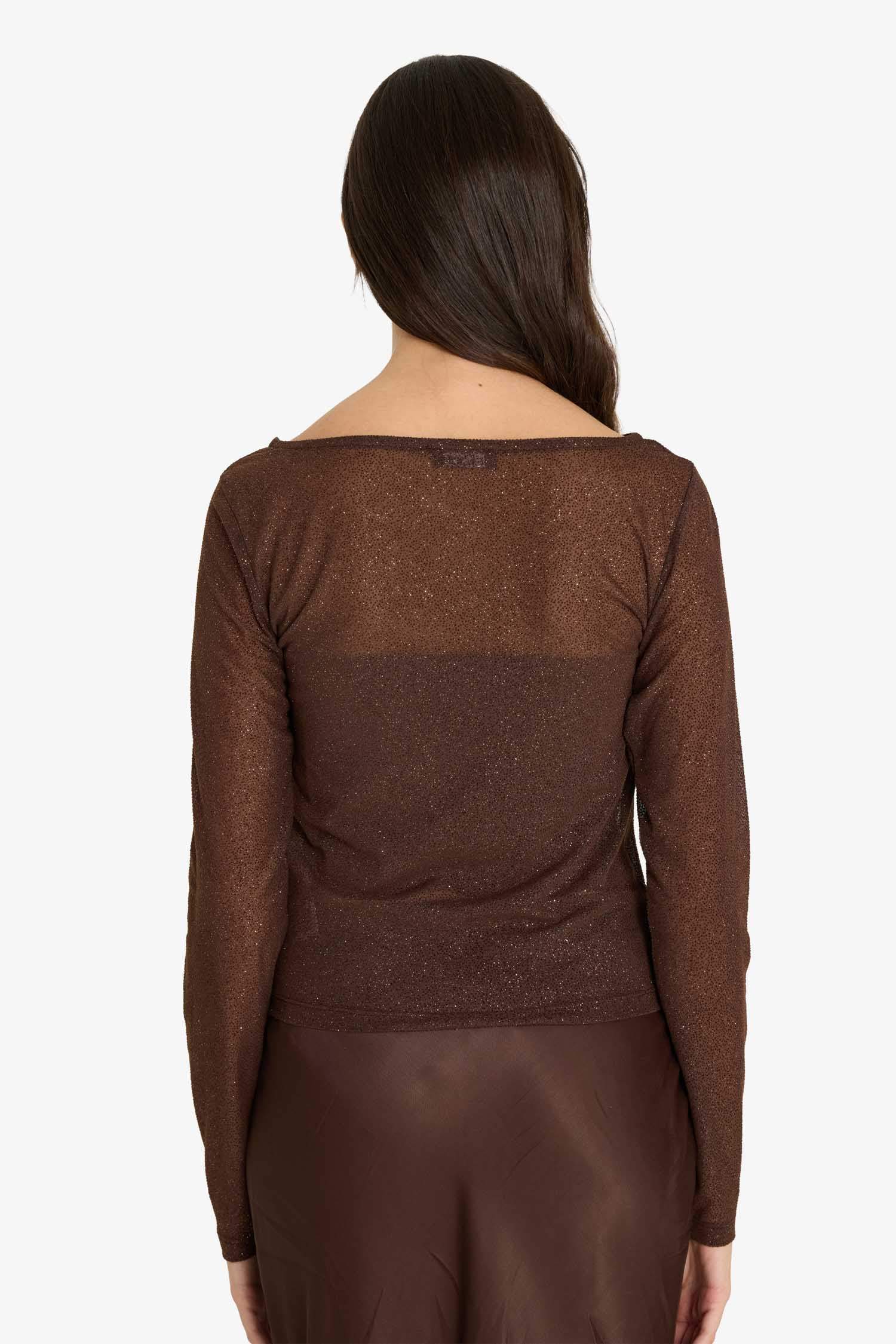 Fitted Kayık Yaka Simli Kumaş Uzun Kollu Bluz