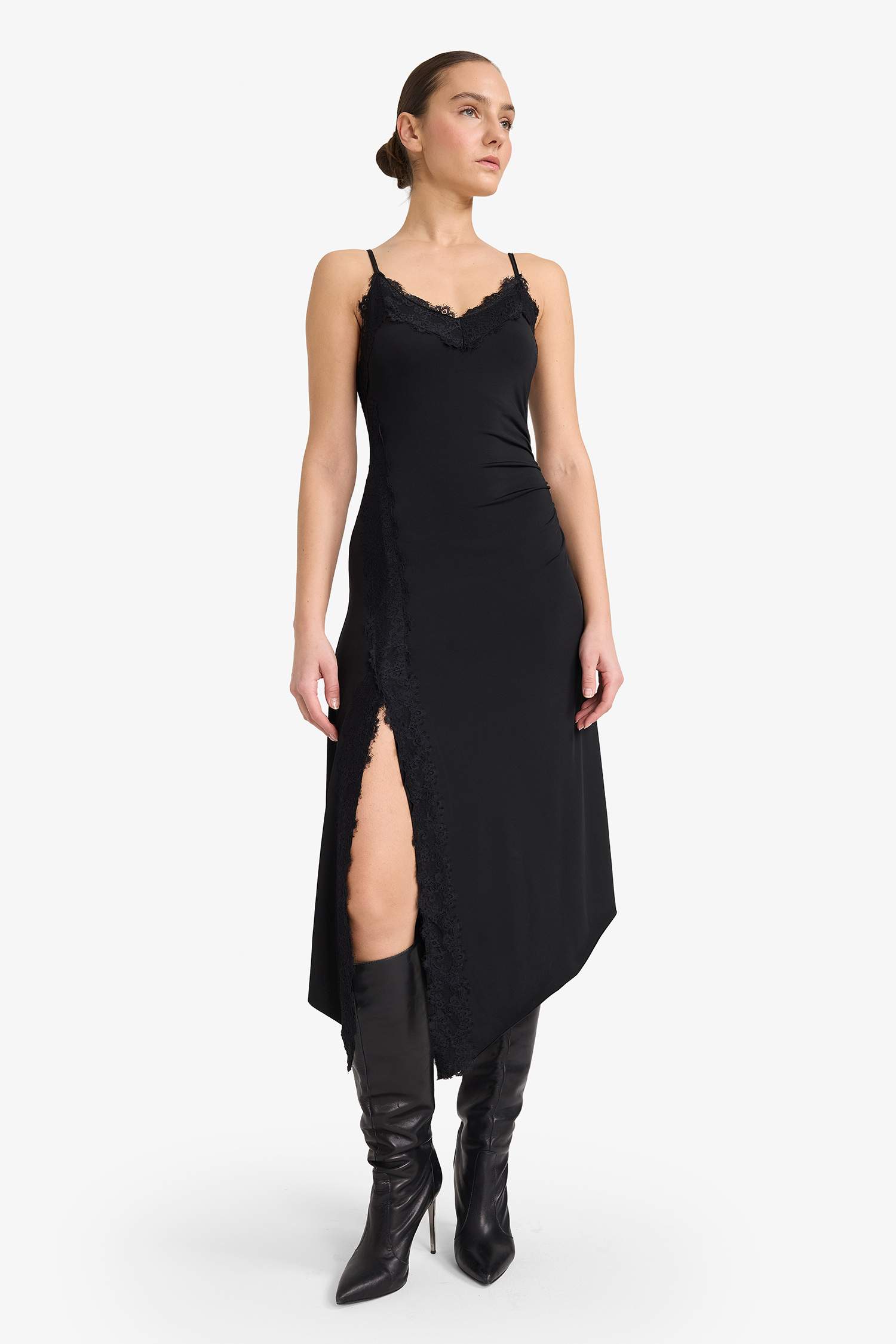 Yılbaşı Temalı A Kesim V Yaka Yırtmaçlı Askılı Midi Elbise