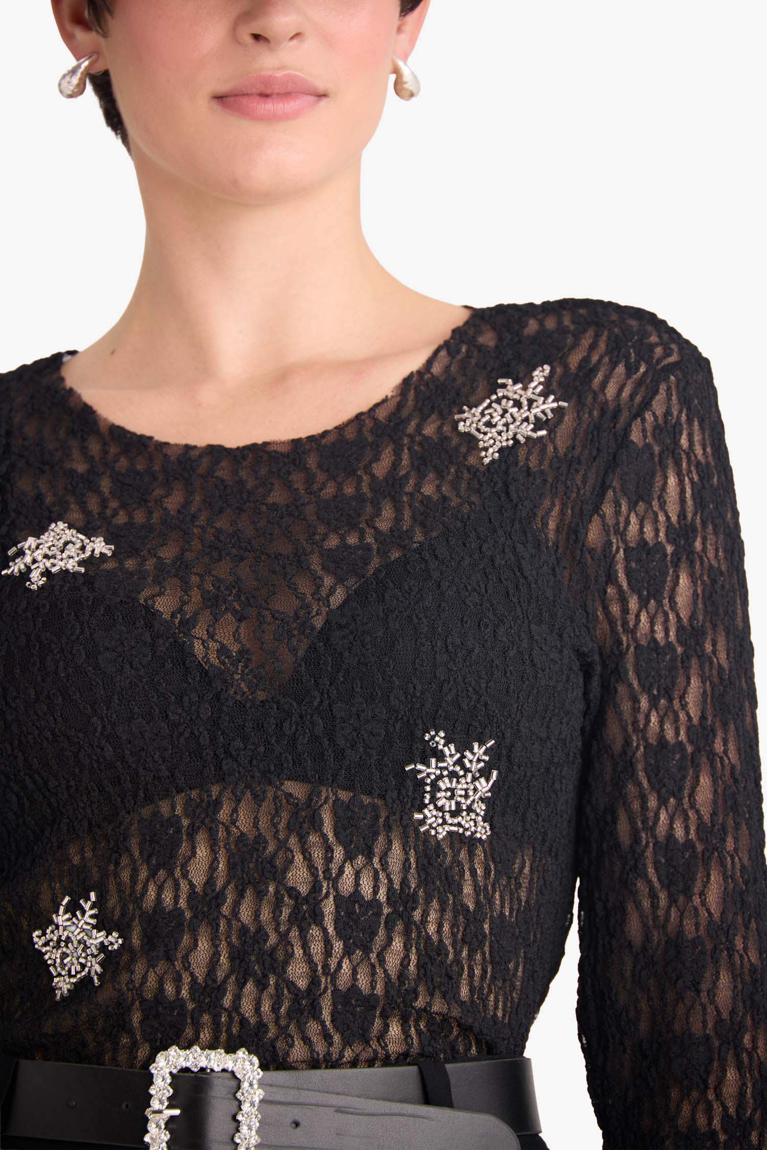 Slim Fit Embroidered Long Sleeve Lace Top