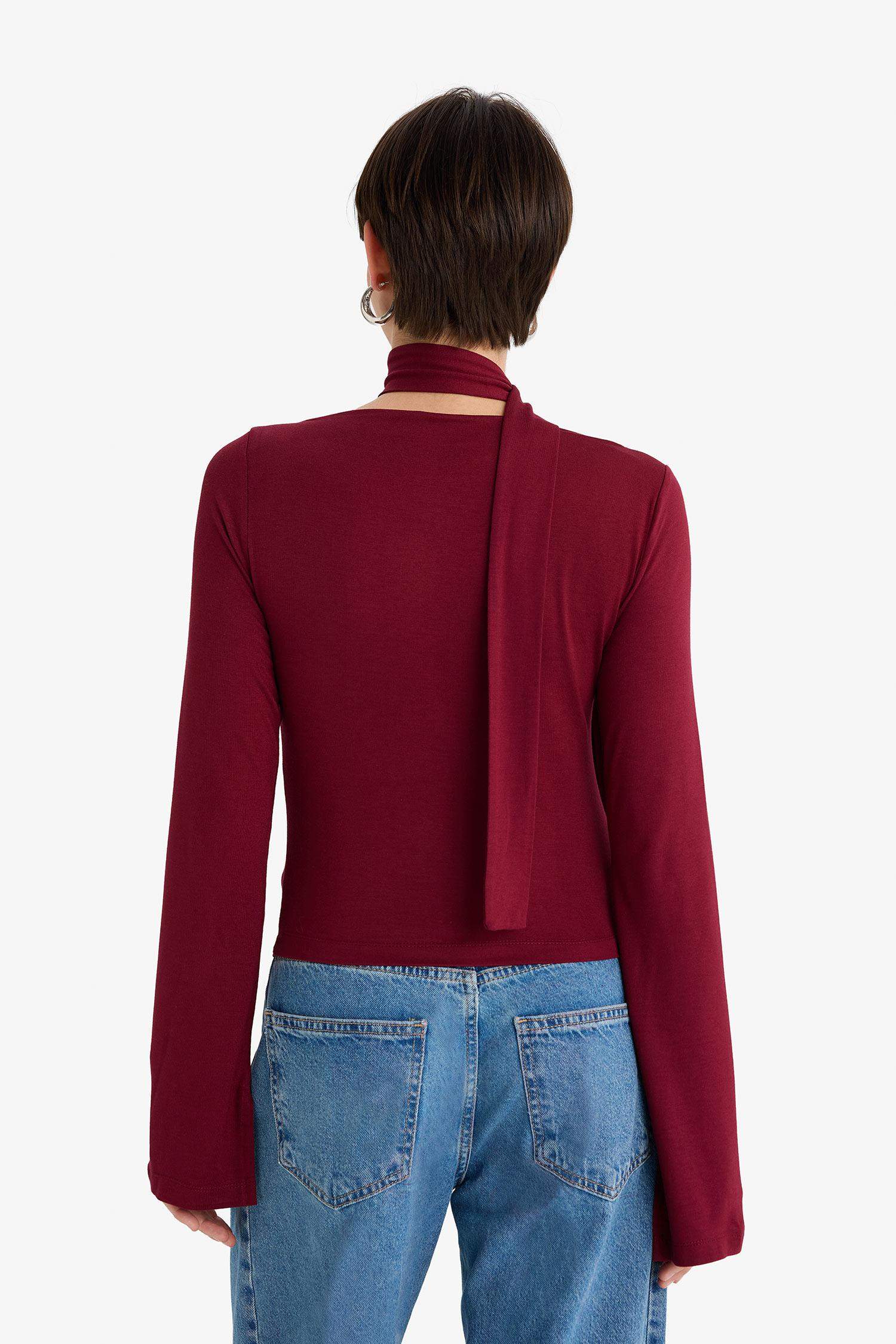 Slim Fit Boat Neck Shawl Detailed Long Sleeve Blouse