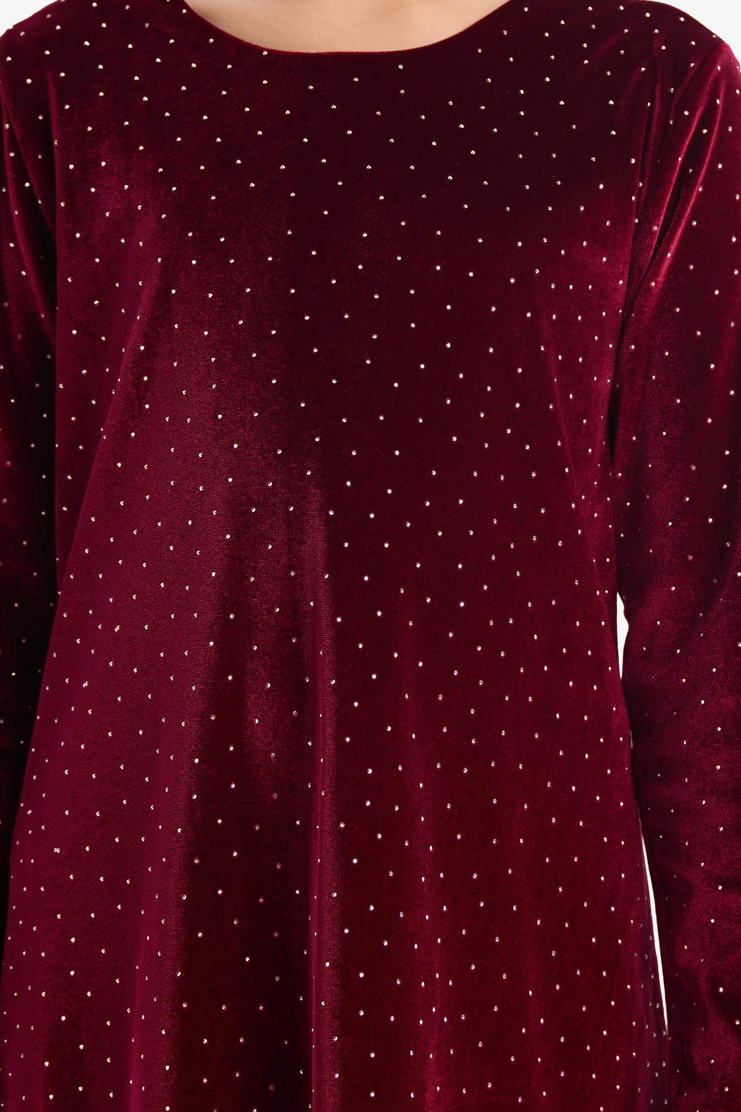 Велюровое платье для девочек с круглым вырезом и длинными рукавами