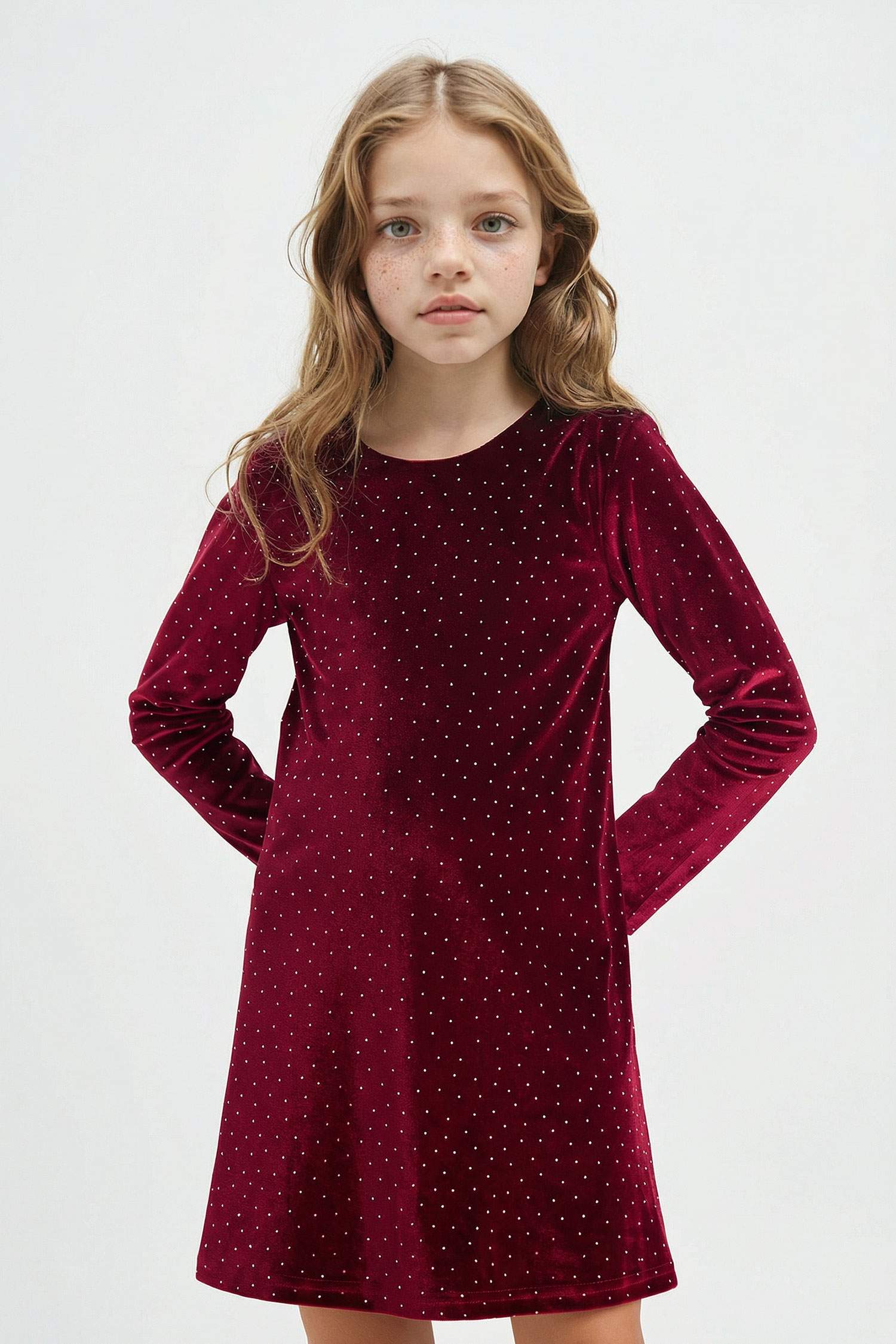 Kız Çocuk Bisiklet Yaka Kadife Uzun Kollu Elbise