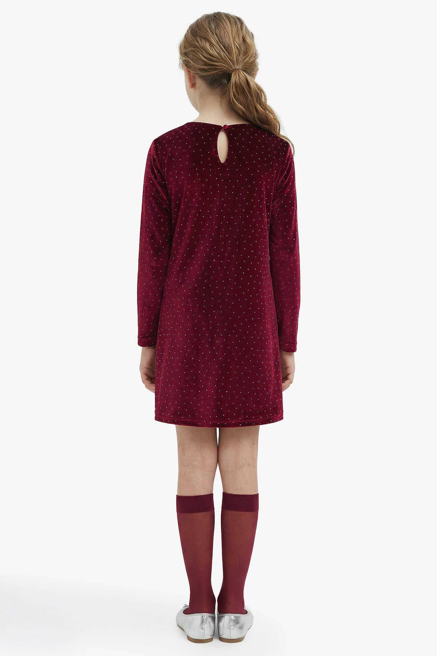 Kız Çocuk Bisiklet Yaka Kadife Uzun Kollu Elbise