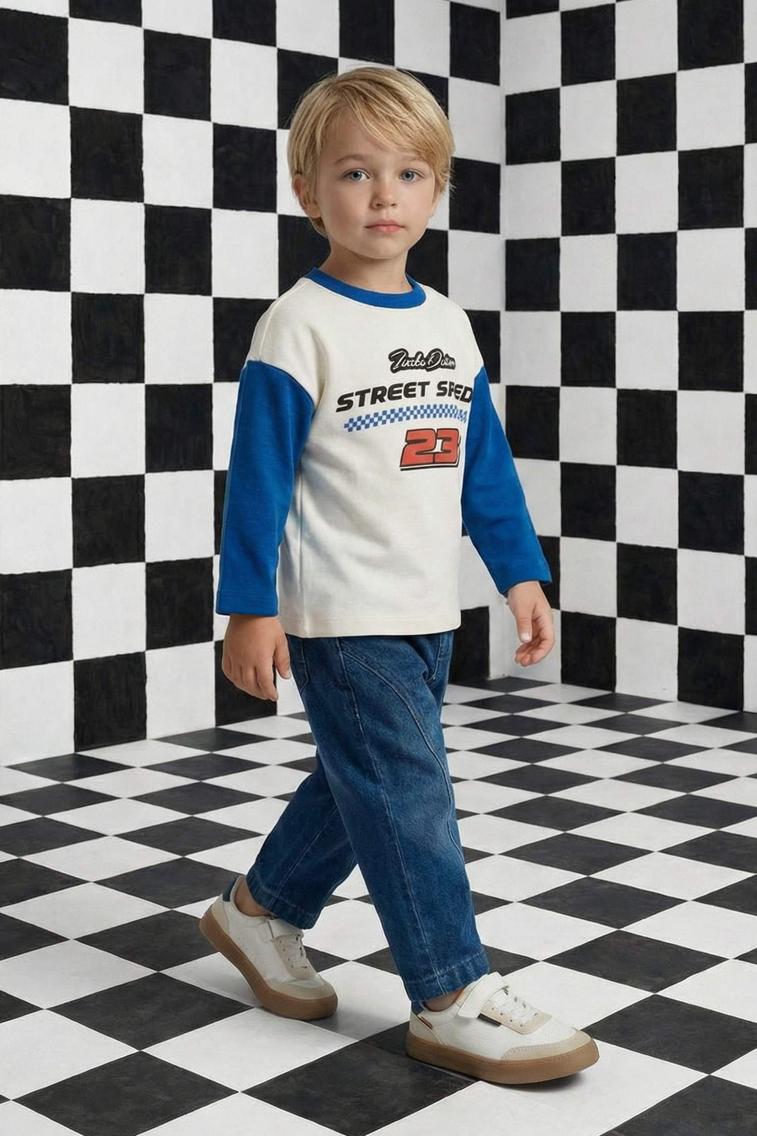 Ұл сәбилерге арналған Oversize кең пішімді дөңгелек жағалы суретті ұзын жеңді футболка