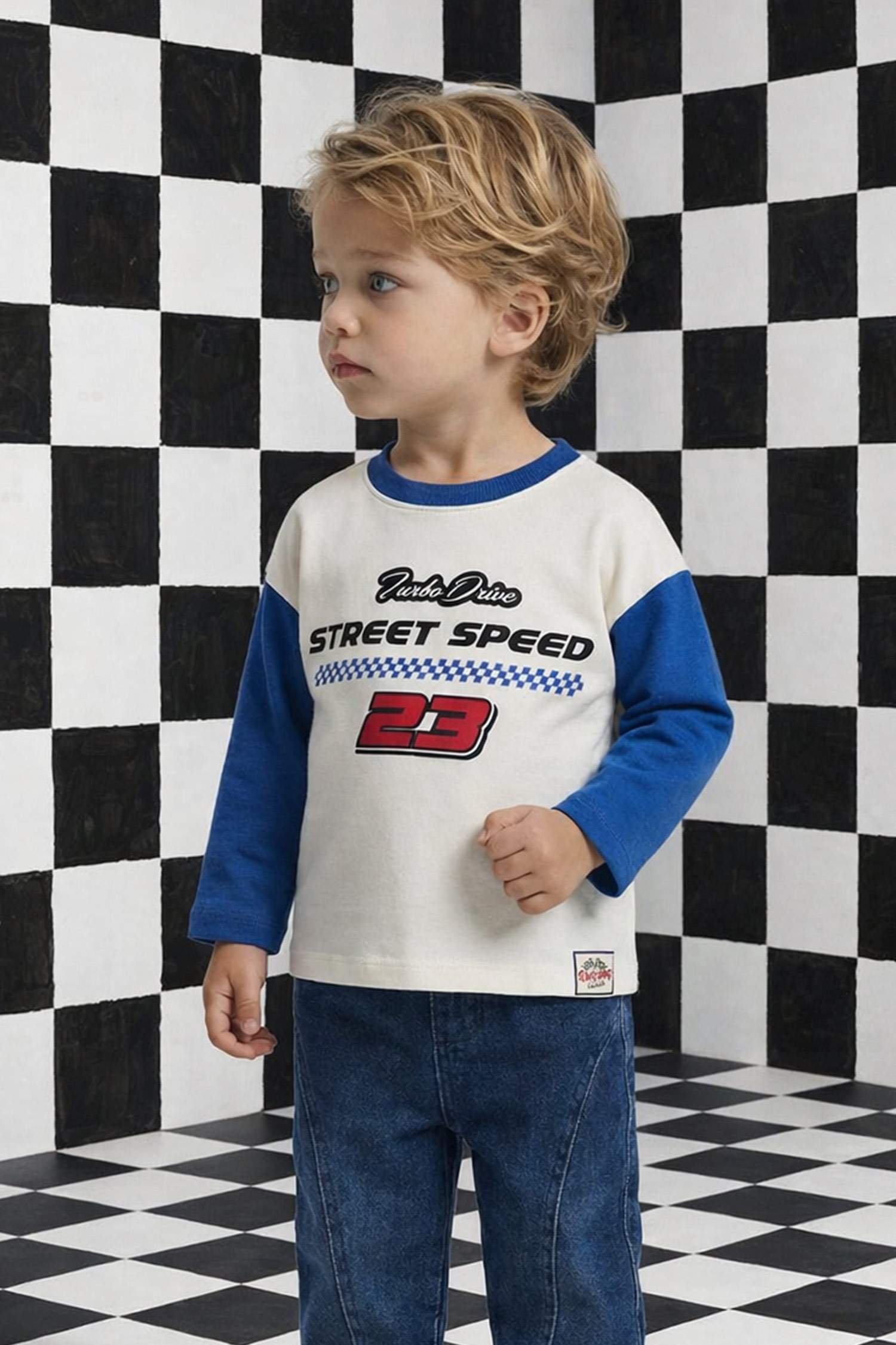 Ұл сәбилерге арналған Oversize кең пішімді дөңгелек жағалы суретті ұзын жеңді футболка