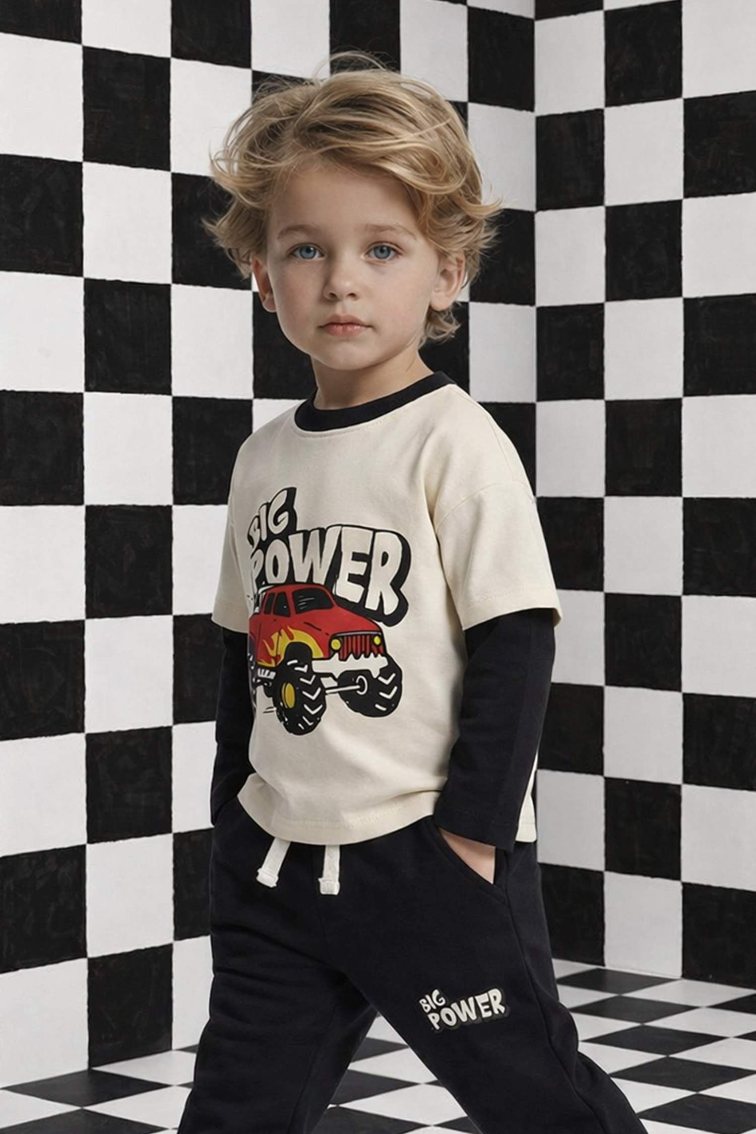 Ұл сәбилерге арналған Oversize кең пішімді дөңгелек жағалы суретті ұзын жеңді футболка