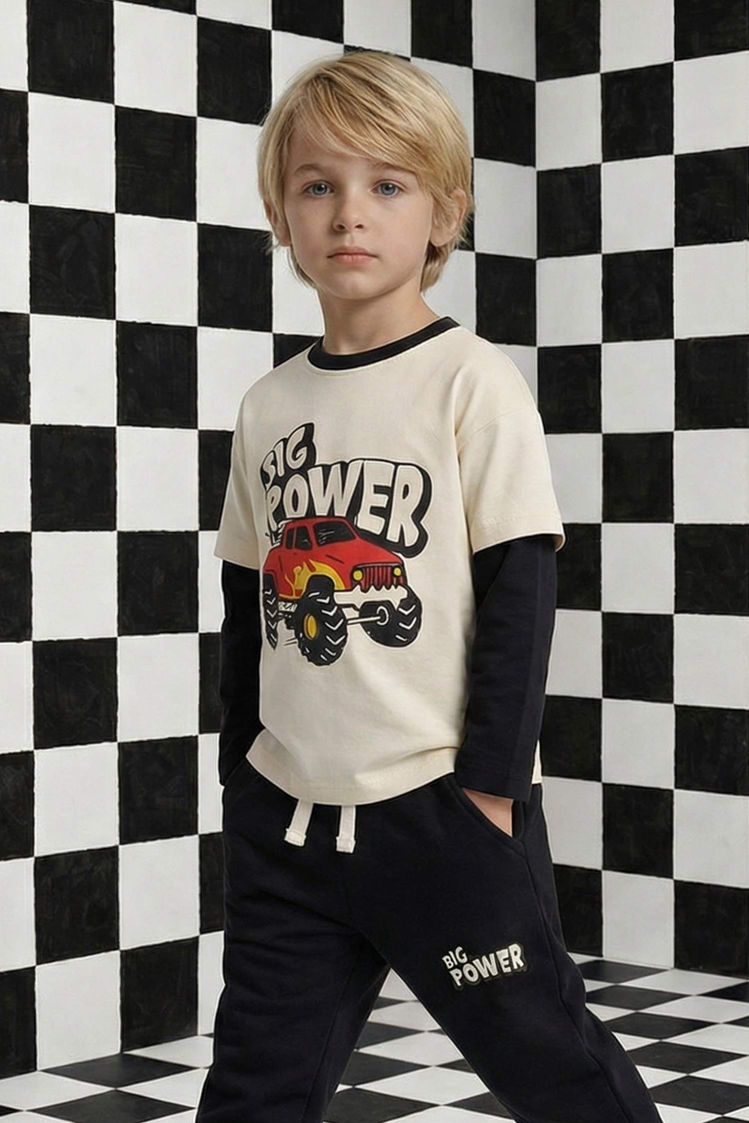 Ұл сәбилерге арналған Oversize кең пішімді дөңгелек жағалы суретті ұзын жеңді футболка