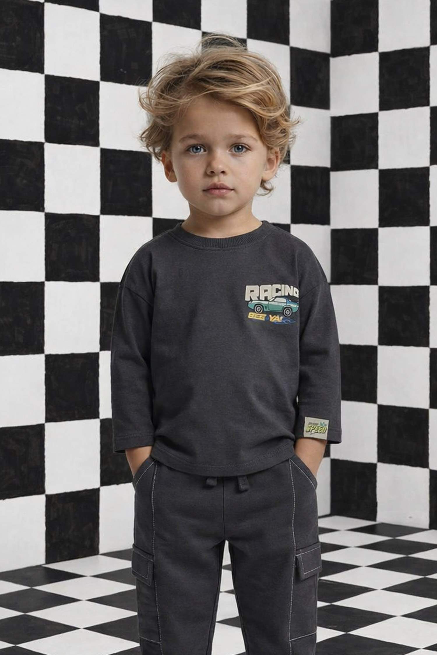 تيشيرت ردن طويل بطبعة شعار اوفر سايز بياخة مستديرة