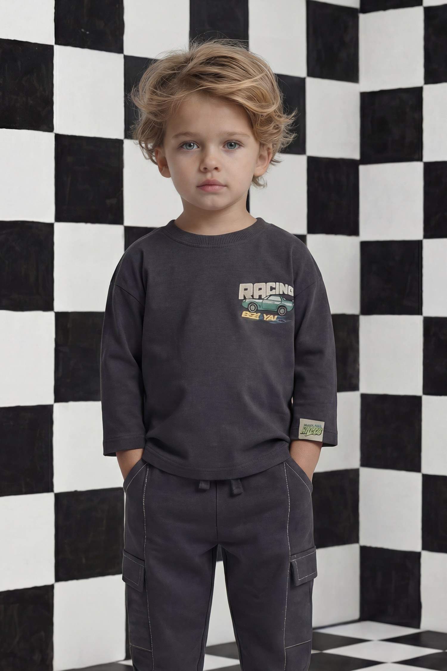 Oversize Geniş Kalıp Bisiklet Yaka Baskılı Uzun Kollu Tişört Erkek Bebek