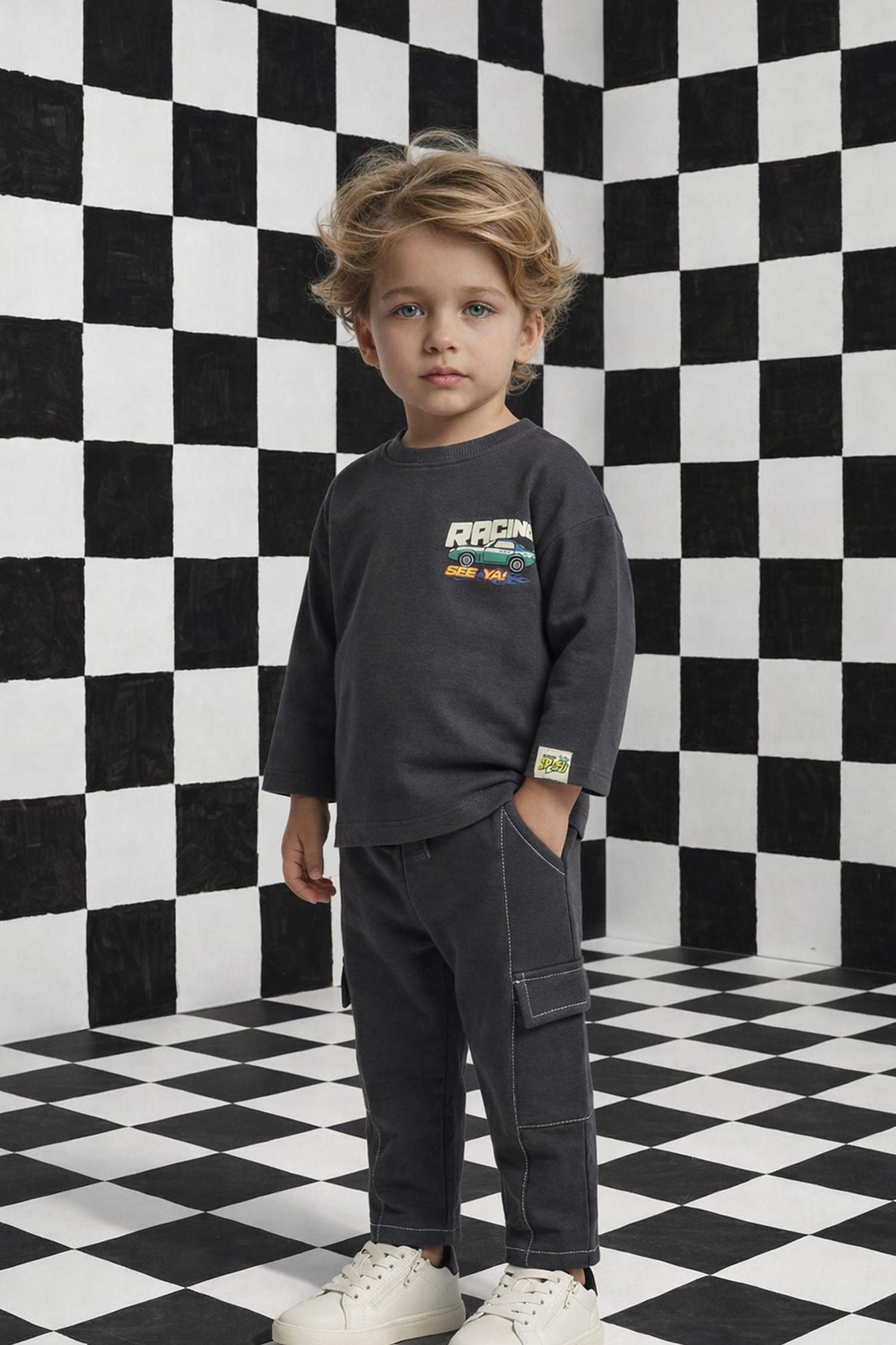 تيشيرت ردن طويل بطبعة شعار اوفر سايز بياخة مستديرة