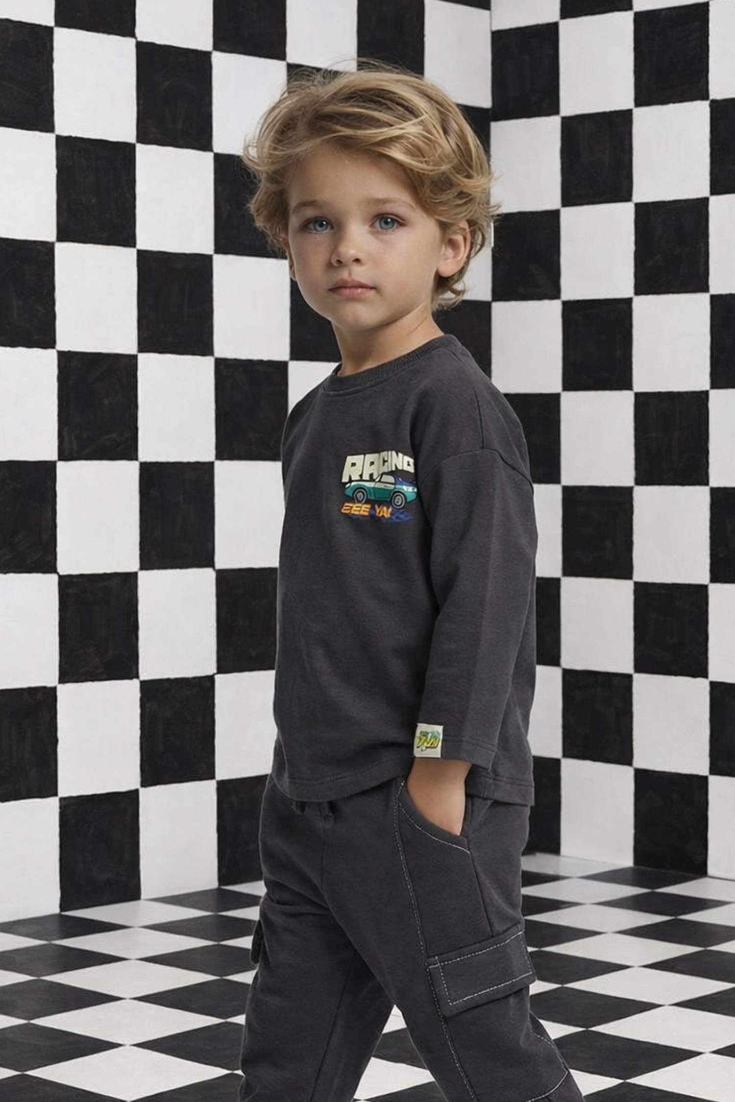 تيشيرت ردن طويل بطبعة شعار اوفر سايز بياخة مستديرة