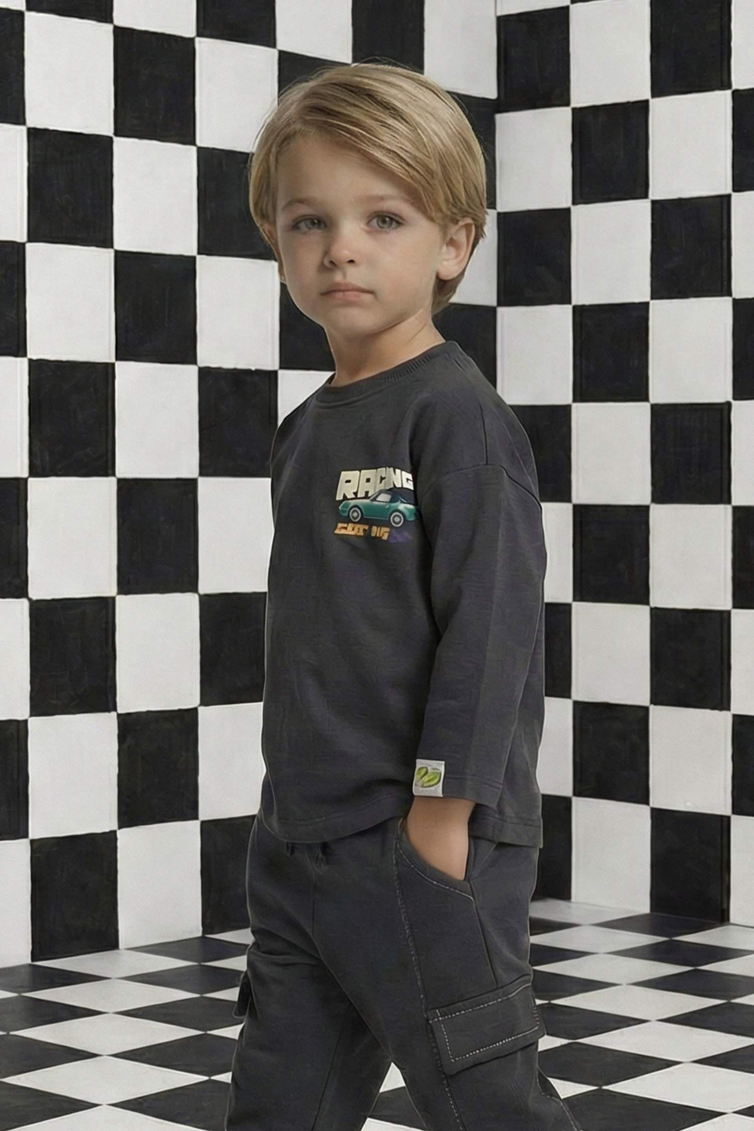 Ұл сәбилерге арналған Oversize кең пішімді дөңгелек жағалы суретті ұзын жеңді футболка