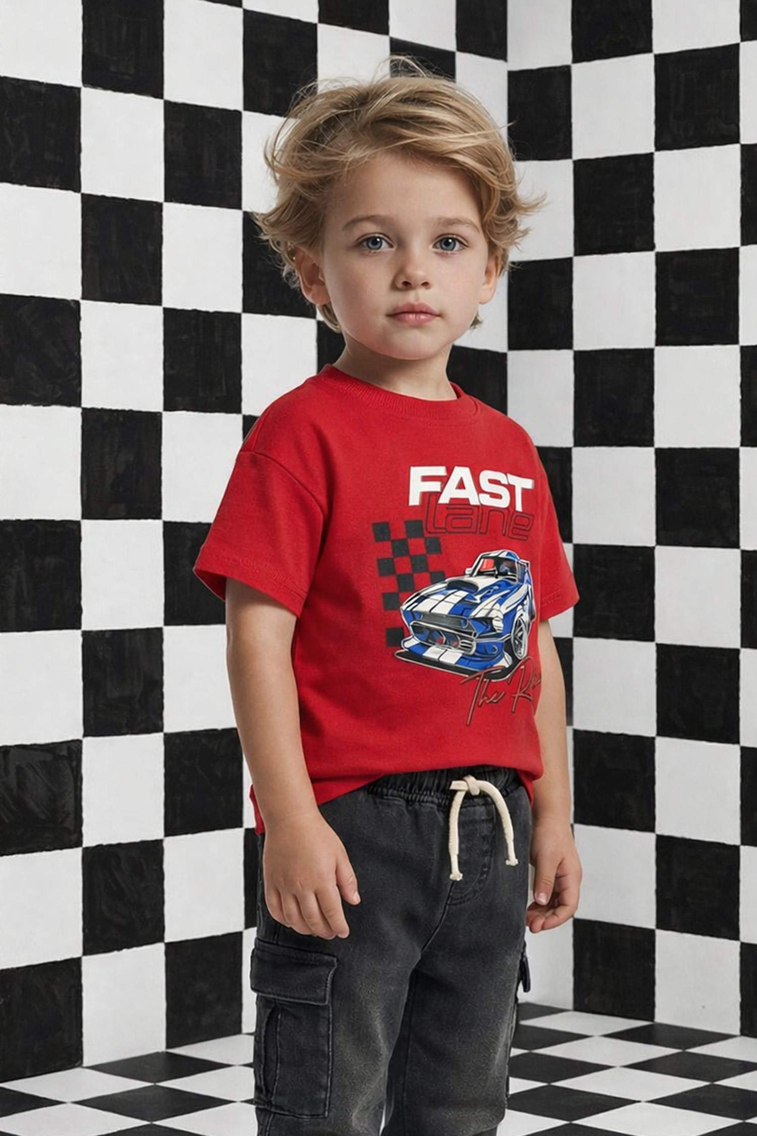 Ұл сәбилерге арналған дөңгелек жағалы суретті қысқа жеңді футболка