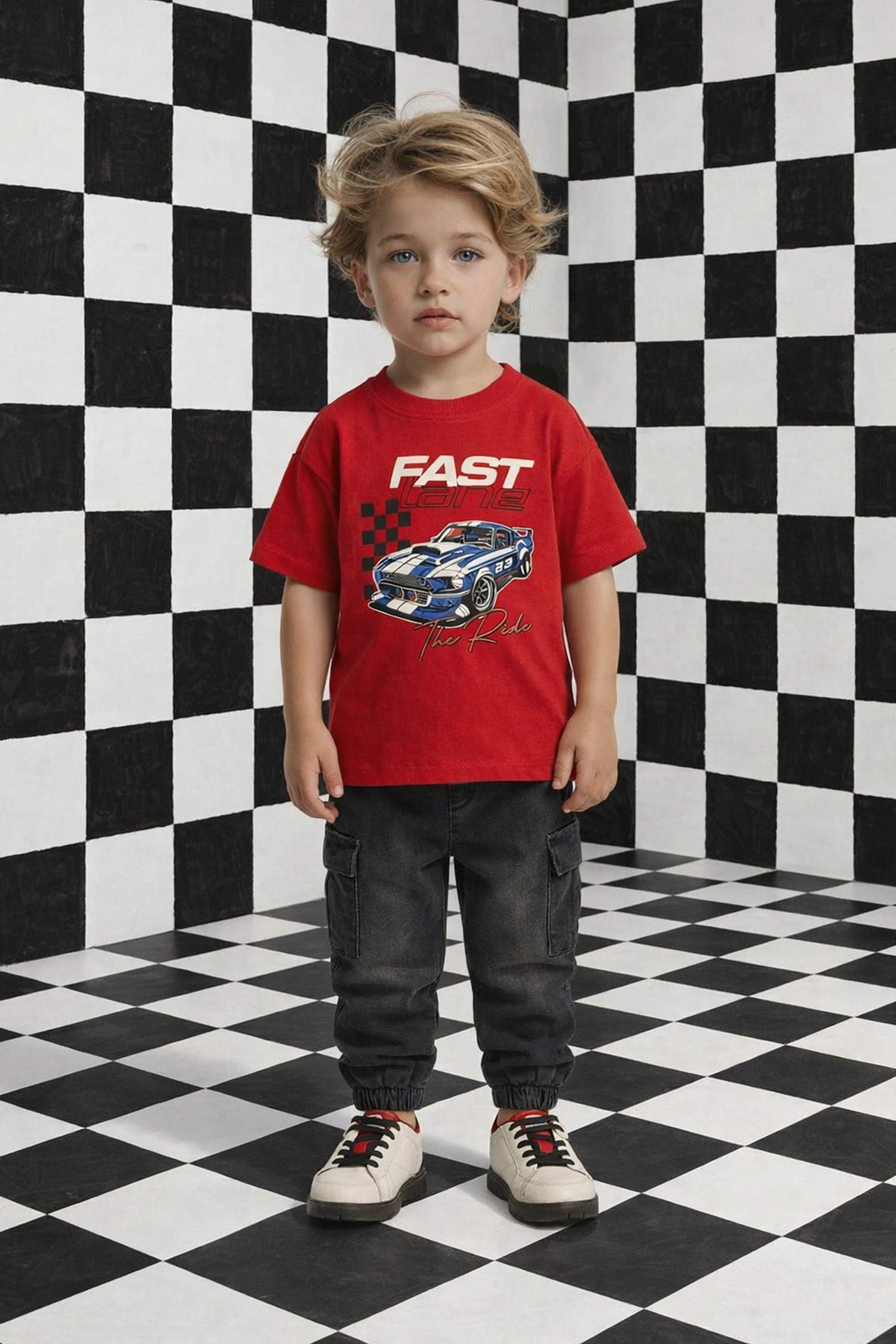 Ұл сәбилерге арналған дөңгелек жағалы суретті қысқа жеңді футболка