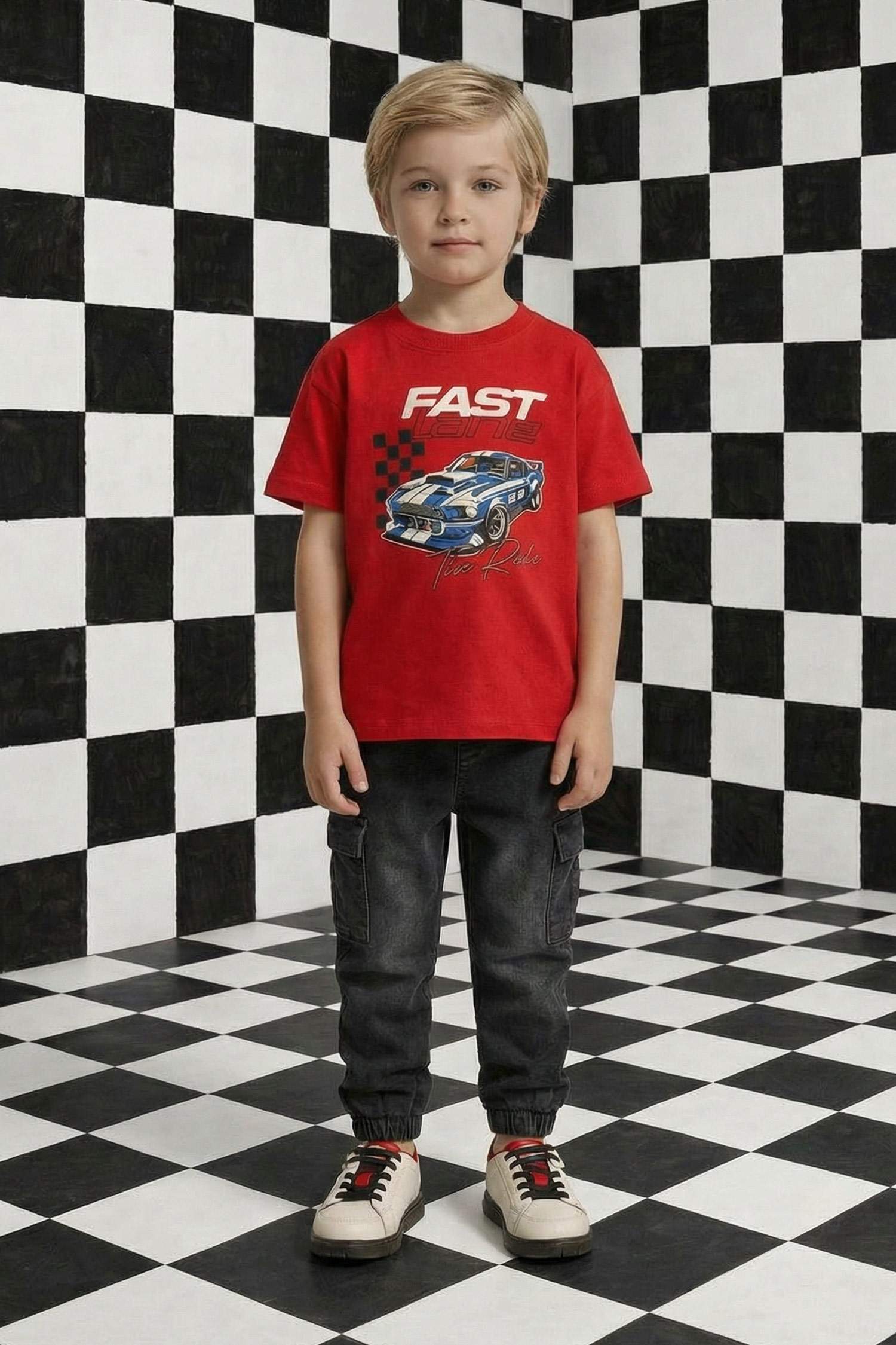 Ұл сәбилерге арналған дөңгелек жағалы суретті қысқа жеңді футболка