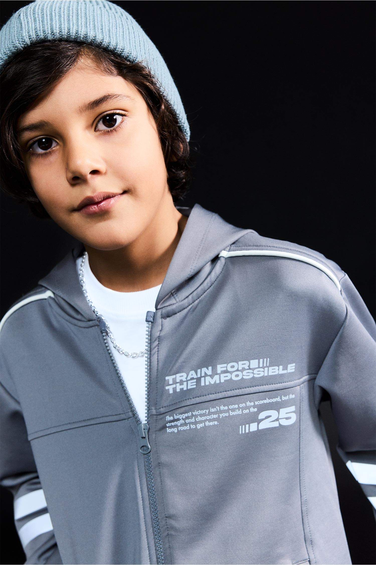 Baskılı Kapüşonlu Skuba Dalgıç Kumaş Fermuarlı Hırka Erkek Çocuk