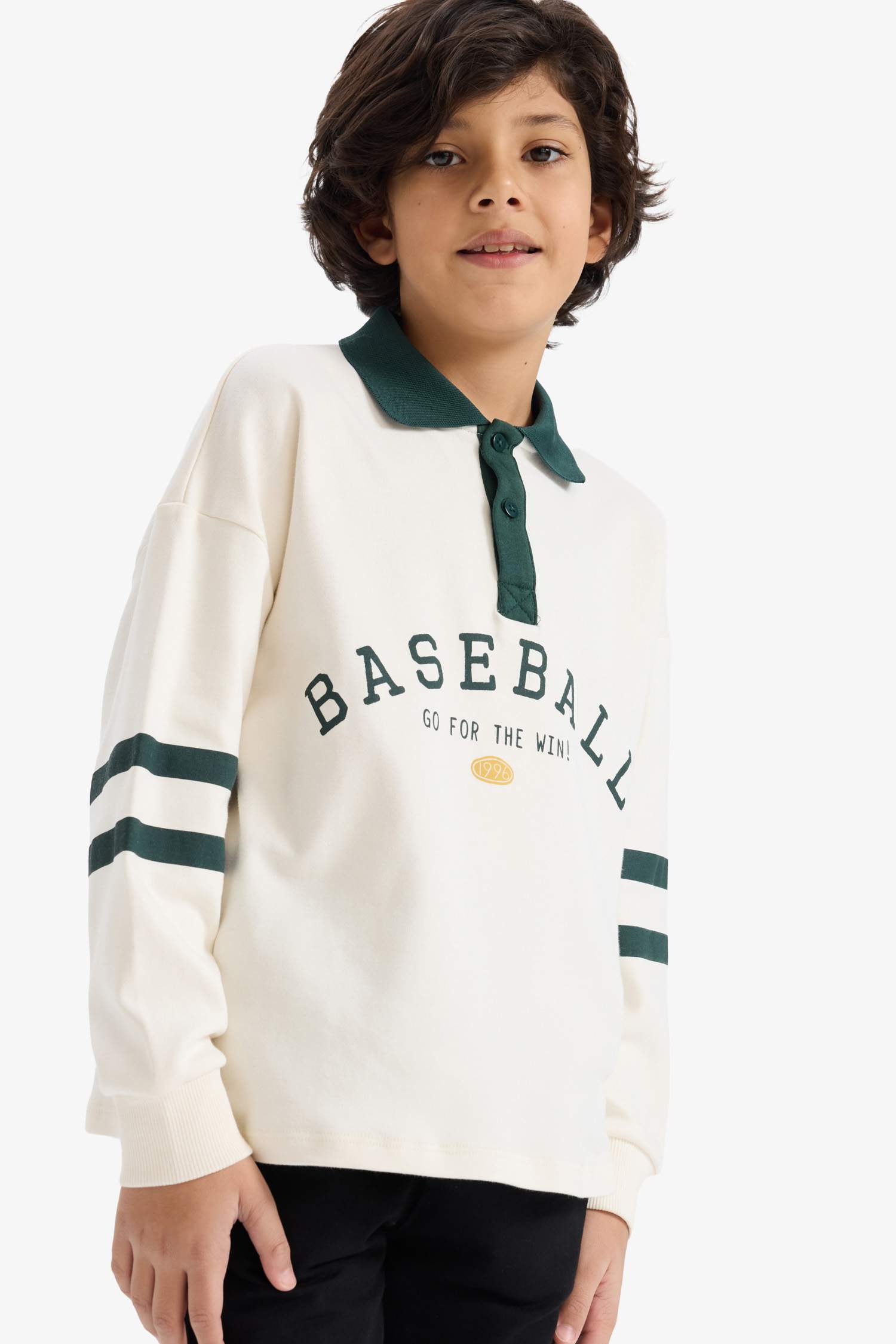 Erkek Çocuk Oversize Geniş Kalıp Polo Yaka Baskılı Uzun Kollu Tişört