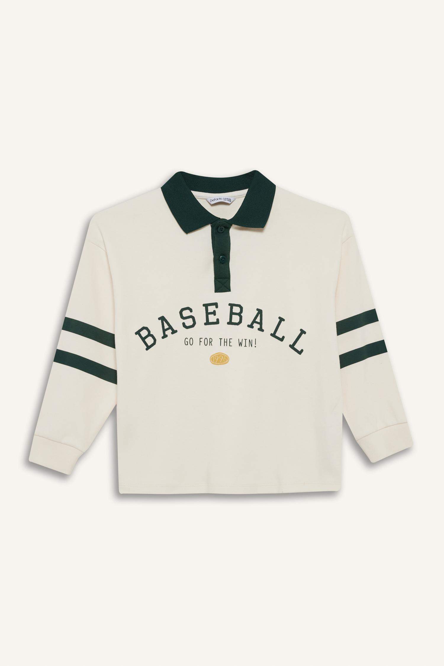 Oversize Geniş Kalıp Polo Yaka Baskılı Uzun Kollu Tişört Erkek Çocuk