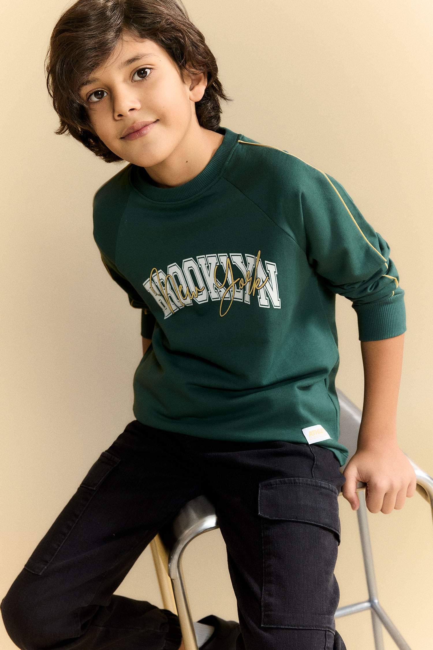 Oversize Geniş Kalıp Bisiklet Yaka Baskılı Uzun Kollu Tişört Erkek Çocuk