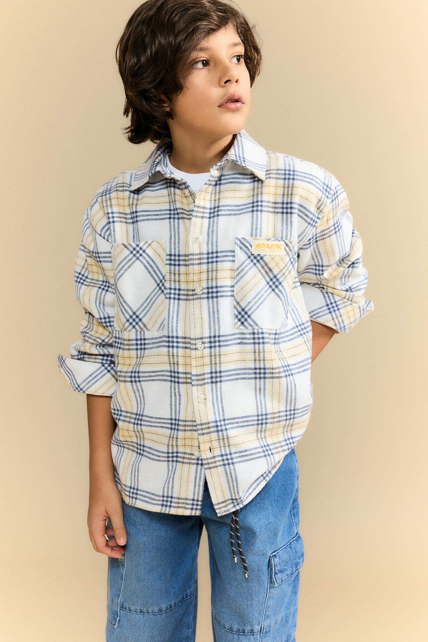 Boy Oversize Fit Plaid Flannel Long Sleeve Shirt