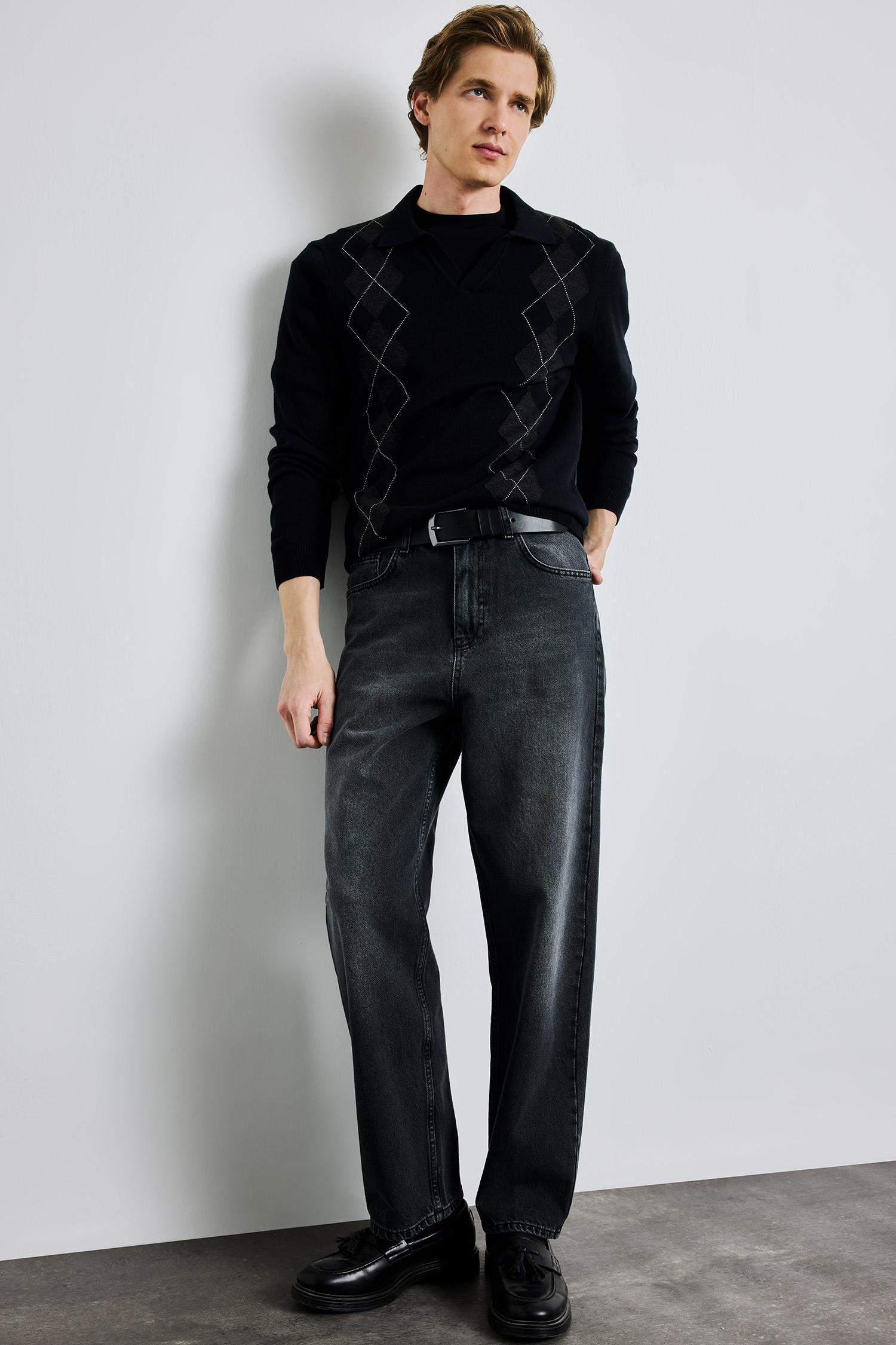 Standart Fit Bisiklet Yaka Baklava Desenli Triko Kazak