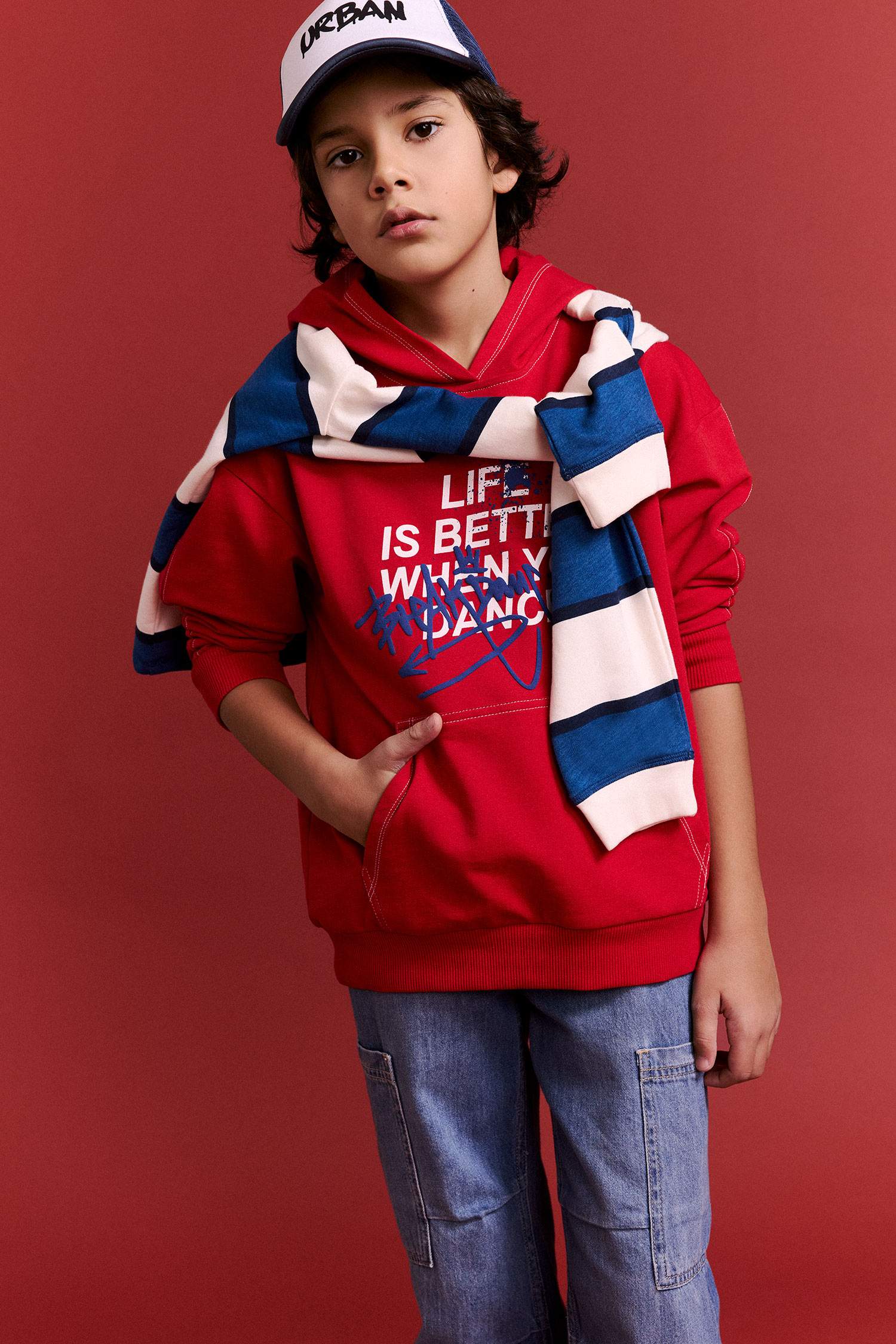 Erkek Çocuk Oversize Geniş Kalıp Kapüşonlu Baskılı Sweatshirt