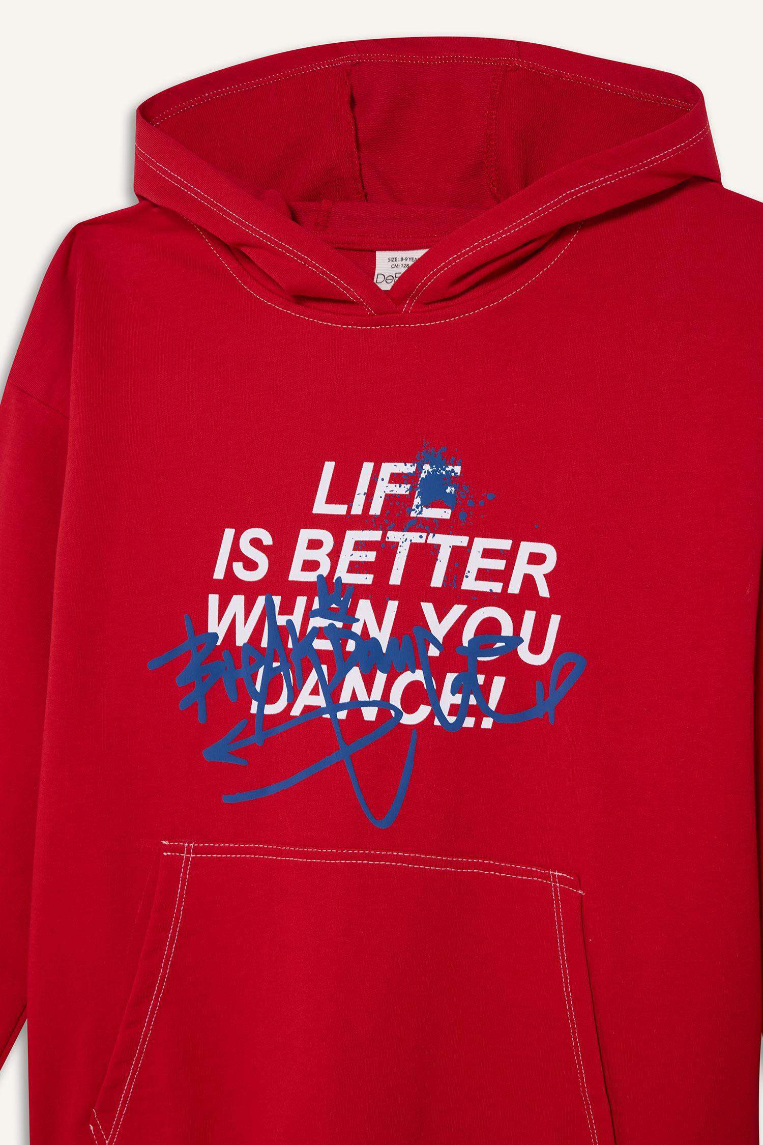 Oversize Geniş Kalıp Kapüşonlu Baskılı Sweatshirt Erkek Çocuk